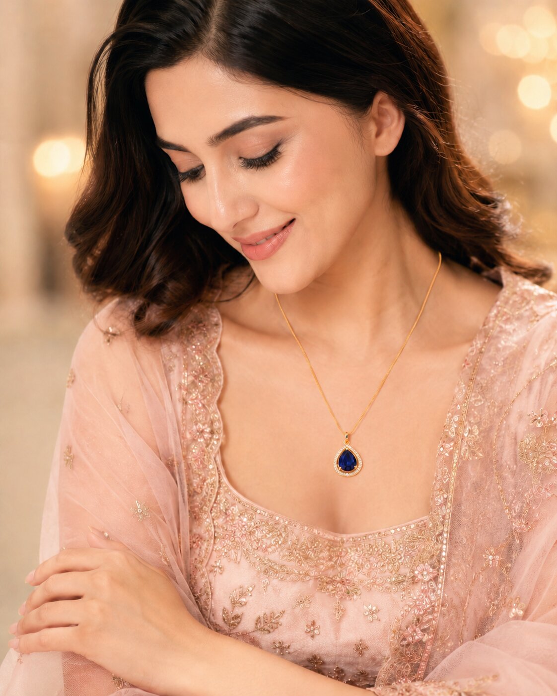 Oval Shape Gold Plated Pendant with chain-Crystal Blue