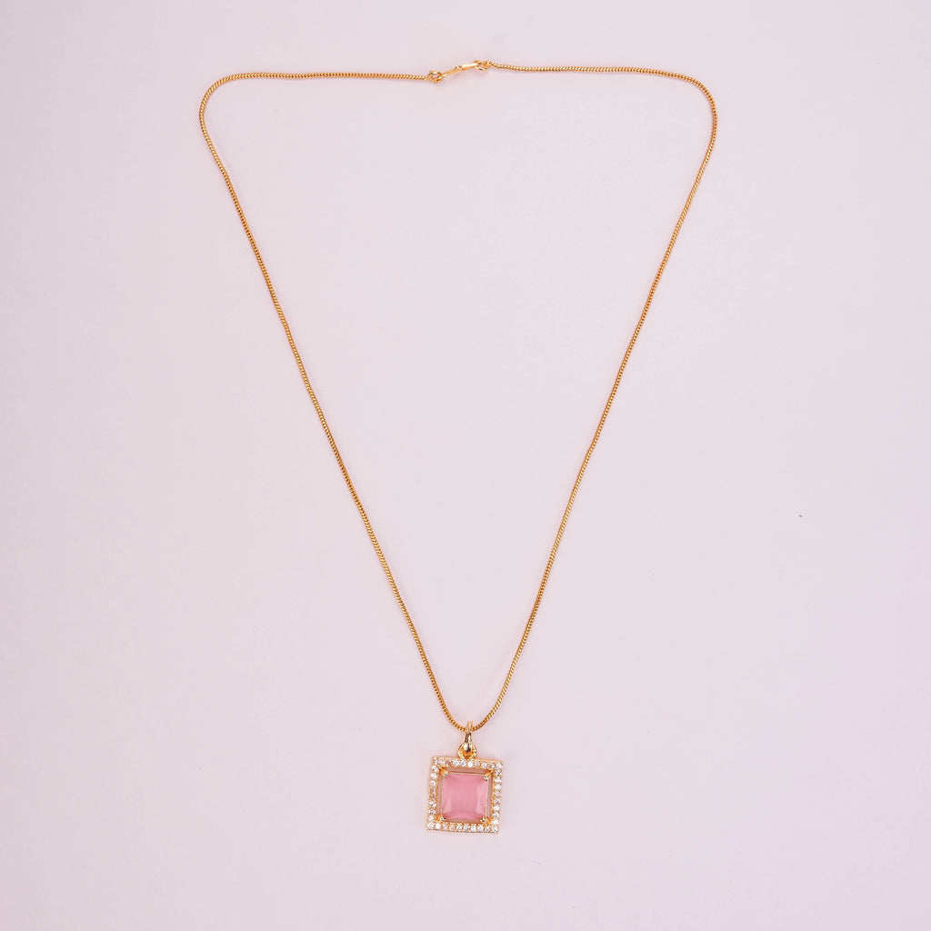 Square Halo Design Gold Plated Pendant with chain-Mint Pink