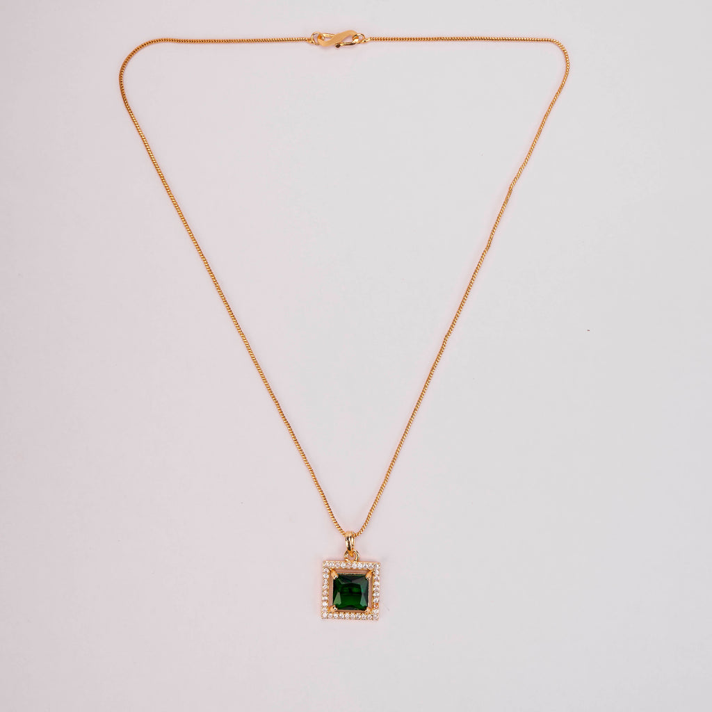 Square Halo Design Gold Plated Pendant with chain-Crystal Green