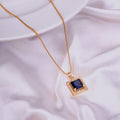 Square Halo Design Gold Plated Pendant with chain-Crystal Blue