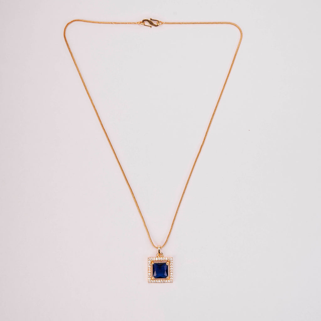 Square Halo Design Gold Plated Pendant with chain-Crystal Blue