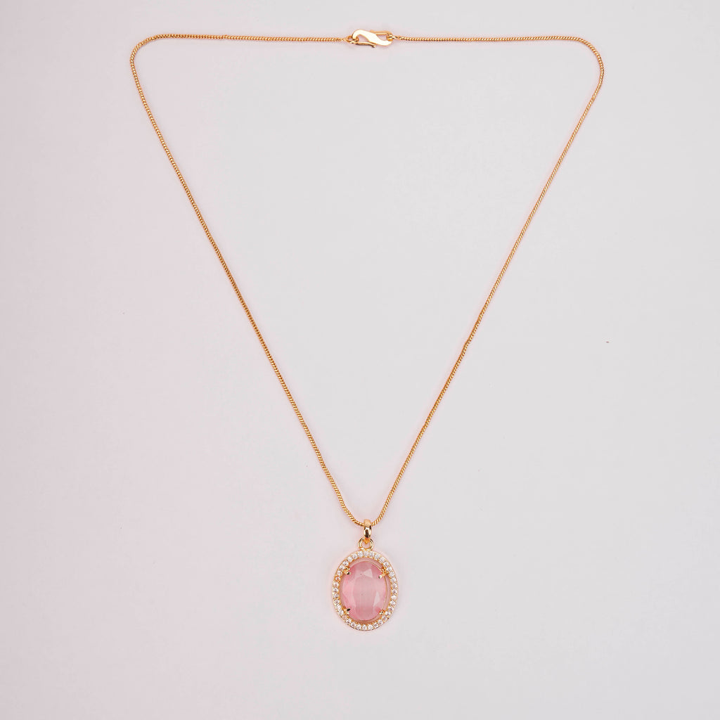 Oval Halo Design Gold Plated Pendant with chain-Mint Pink