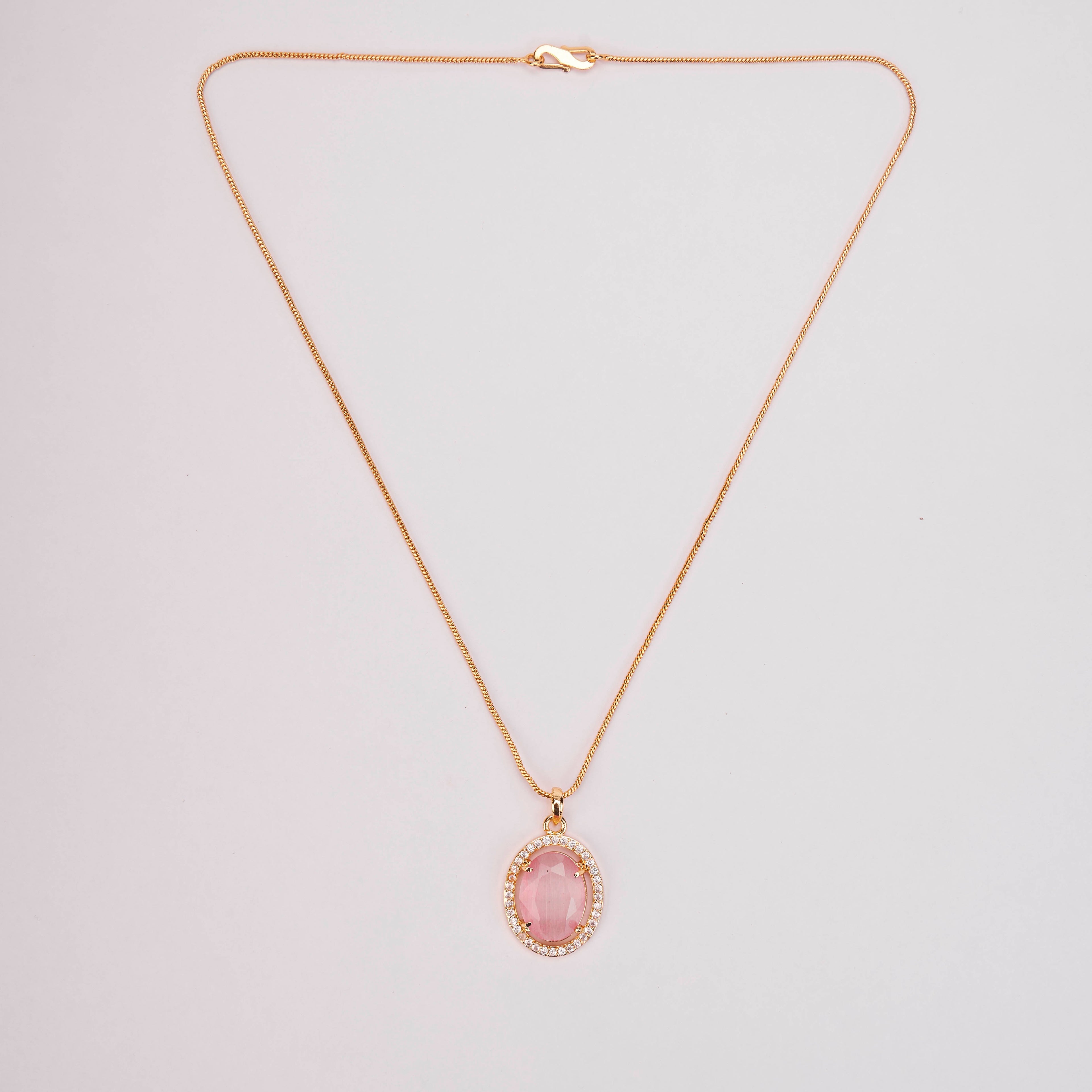 Oval Halo Design Gold Plated Pendant with chain-Mint Pink