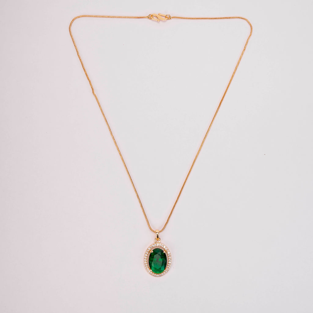 Oval Halo Design Gold Plated Pendant with chain-Crystal Green