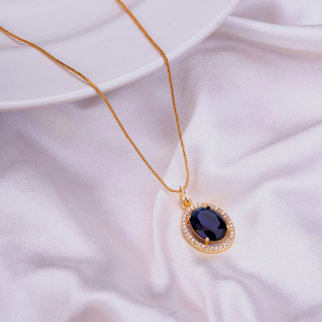 Oval Halo Design Gold Plated Pendant with chain-Crystal Blue