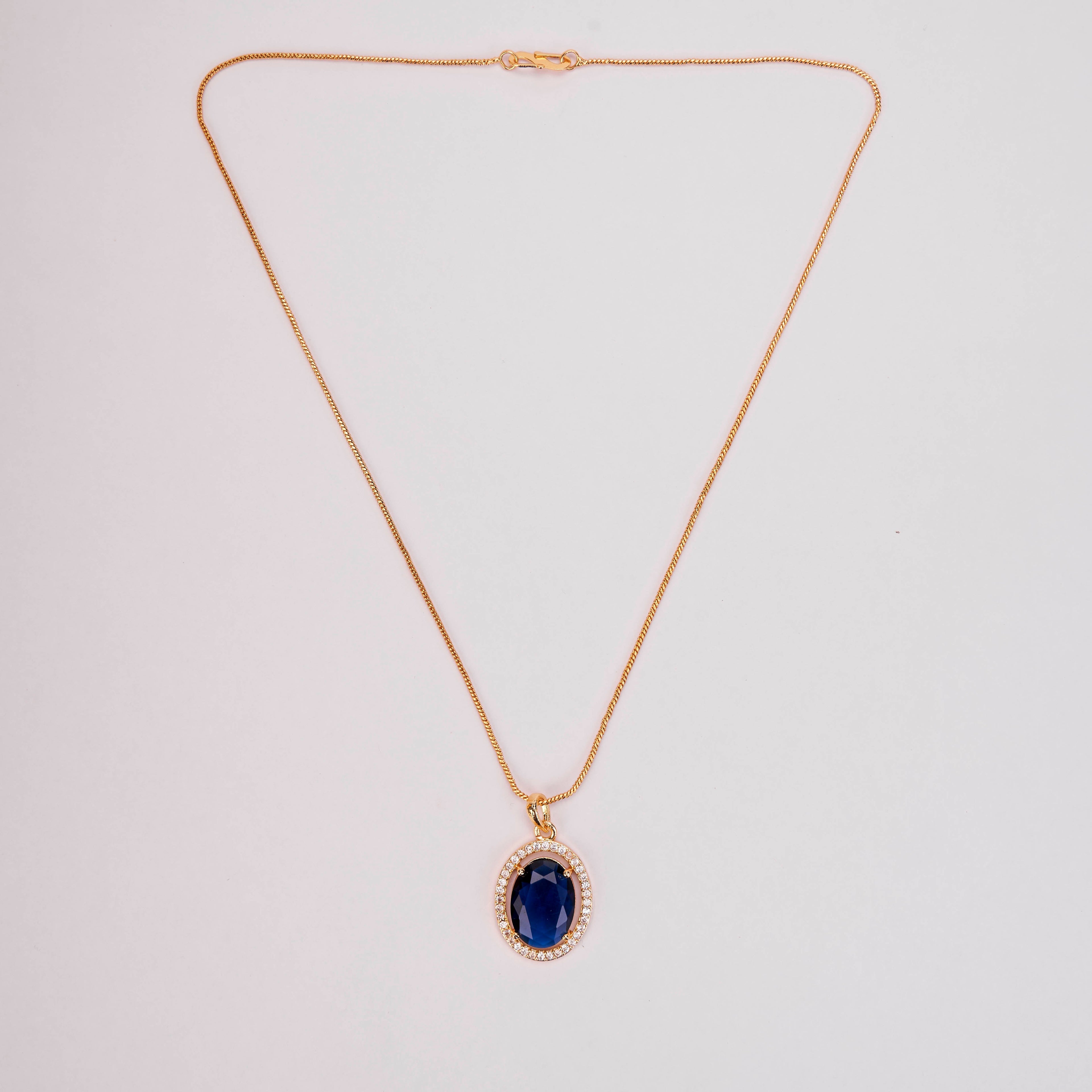 Oval Halo Design Gold Plated Pendant with chain-Crystal Blue