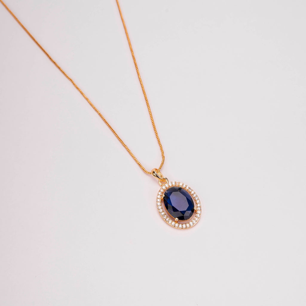 Oval Halo Design Gold Plated Pendant with chain-Crystal Blue