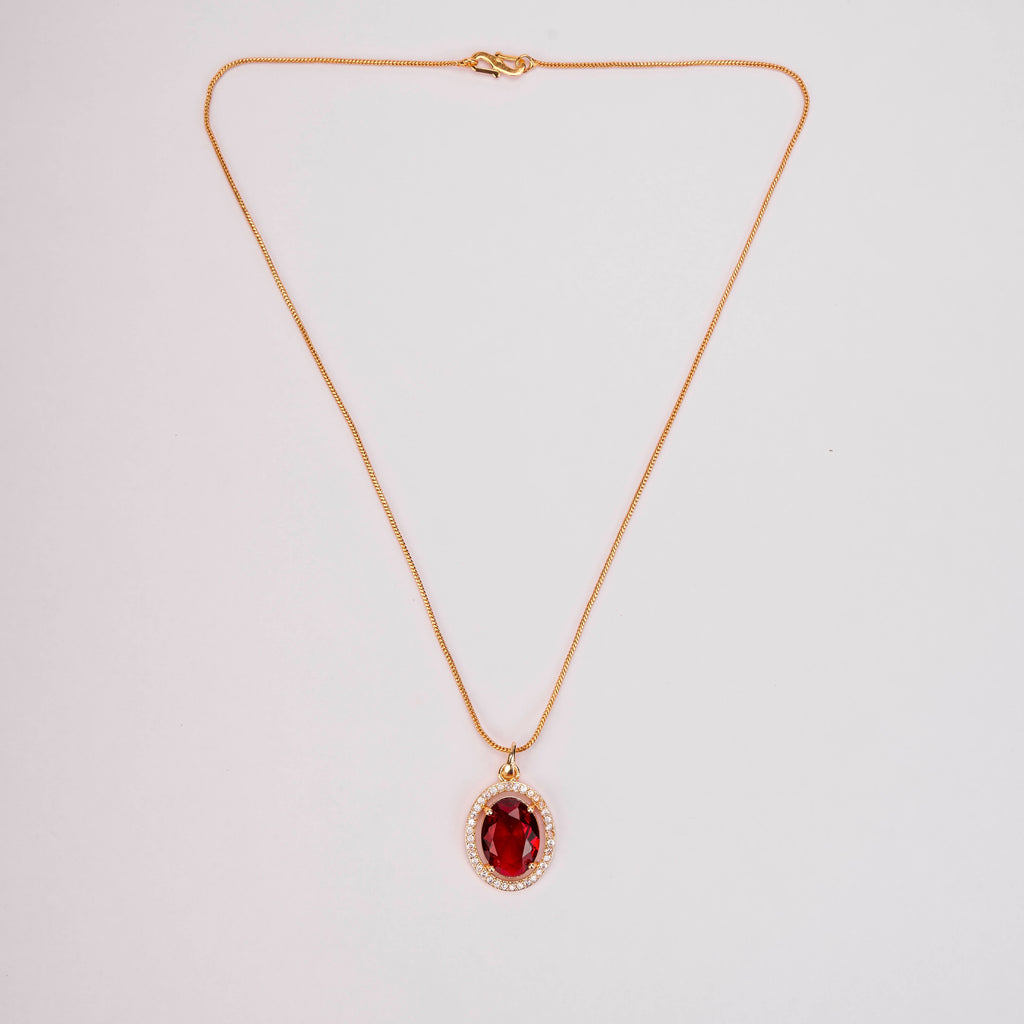 Oval Halo Design Gold Plated Pendant with chain-Crystal Red