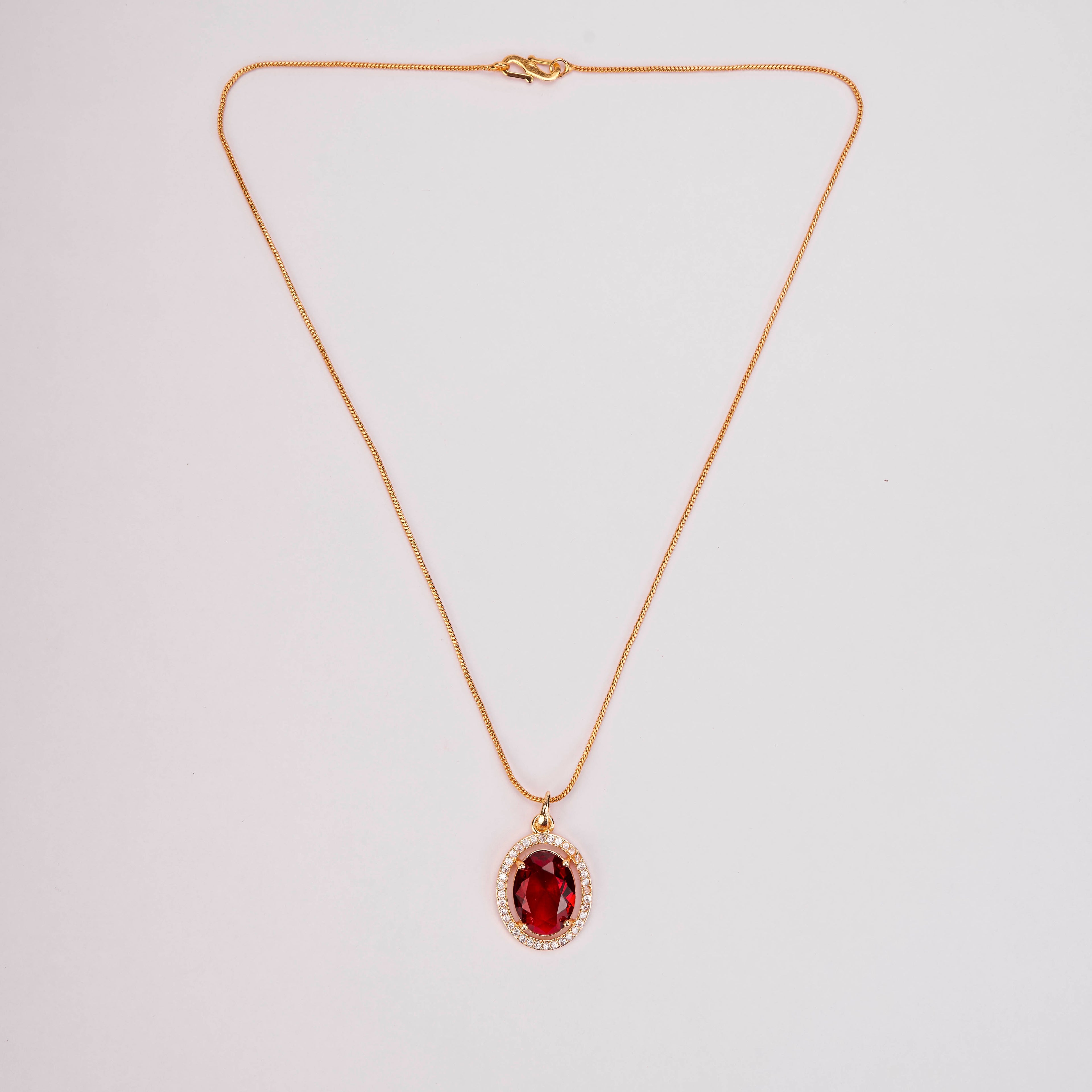 Oval Halo Design Gold Plated Pendant with chain-Crystal Red