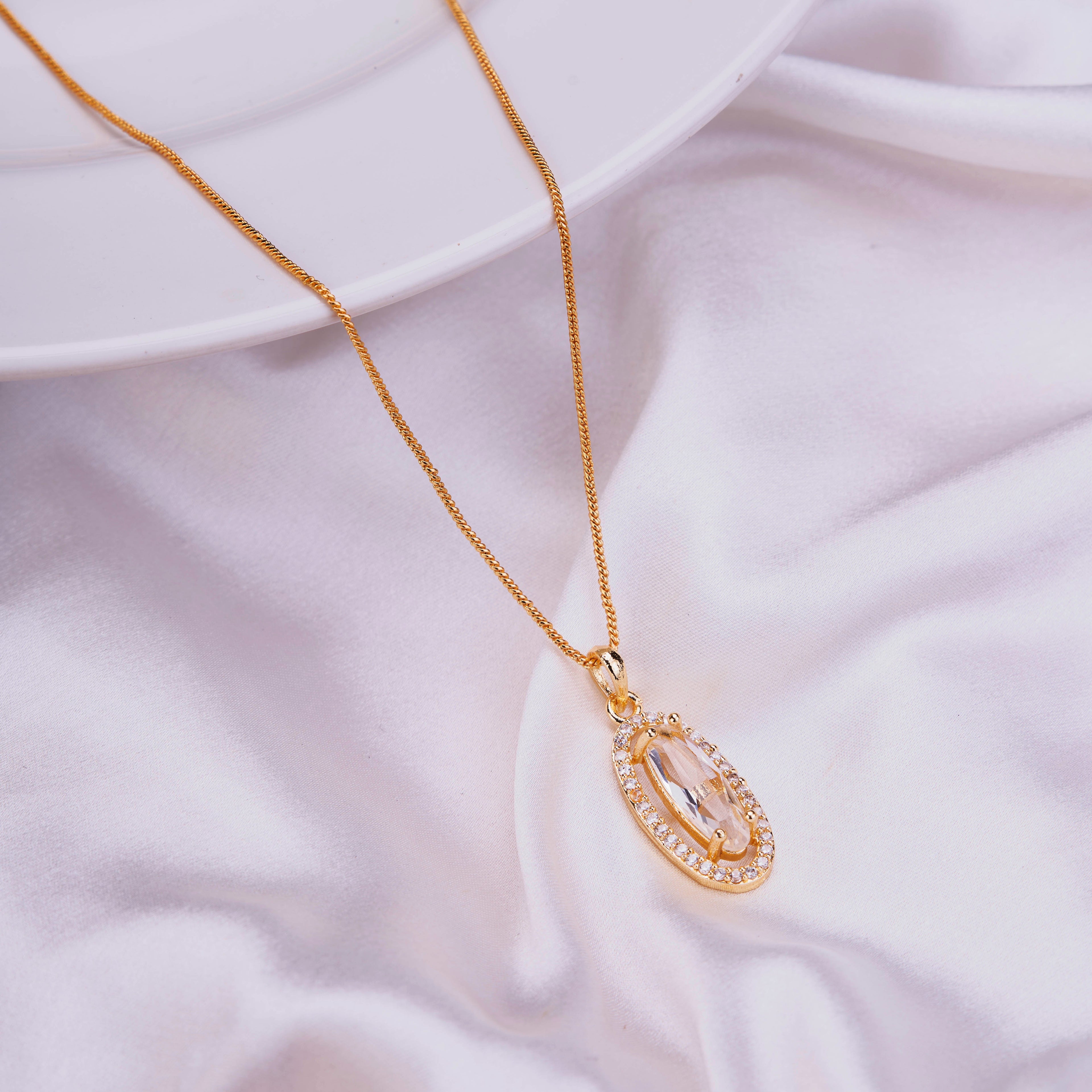 Elongated Oval Halo Design Gold Plated Pendant with chain