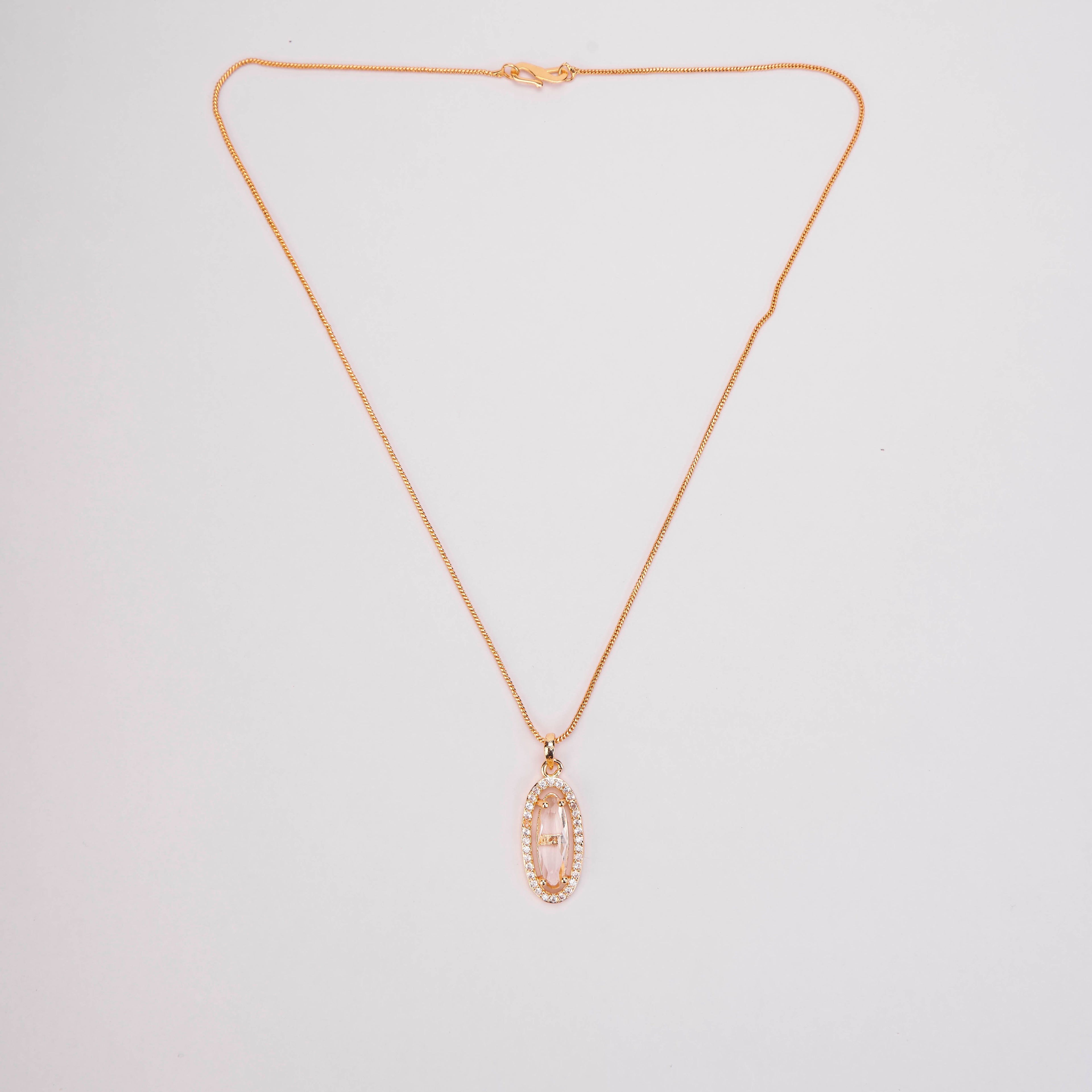 Elongated Oval Halo Design Gold Plated Pendant with chain