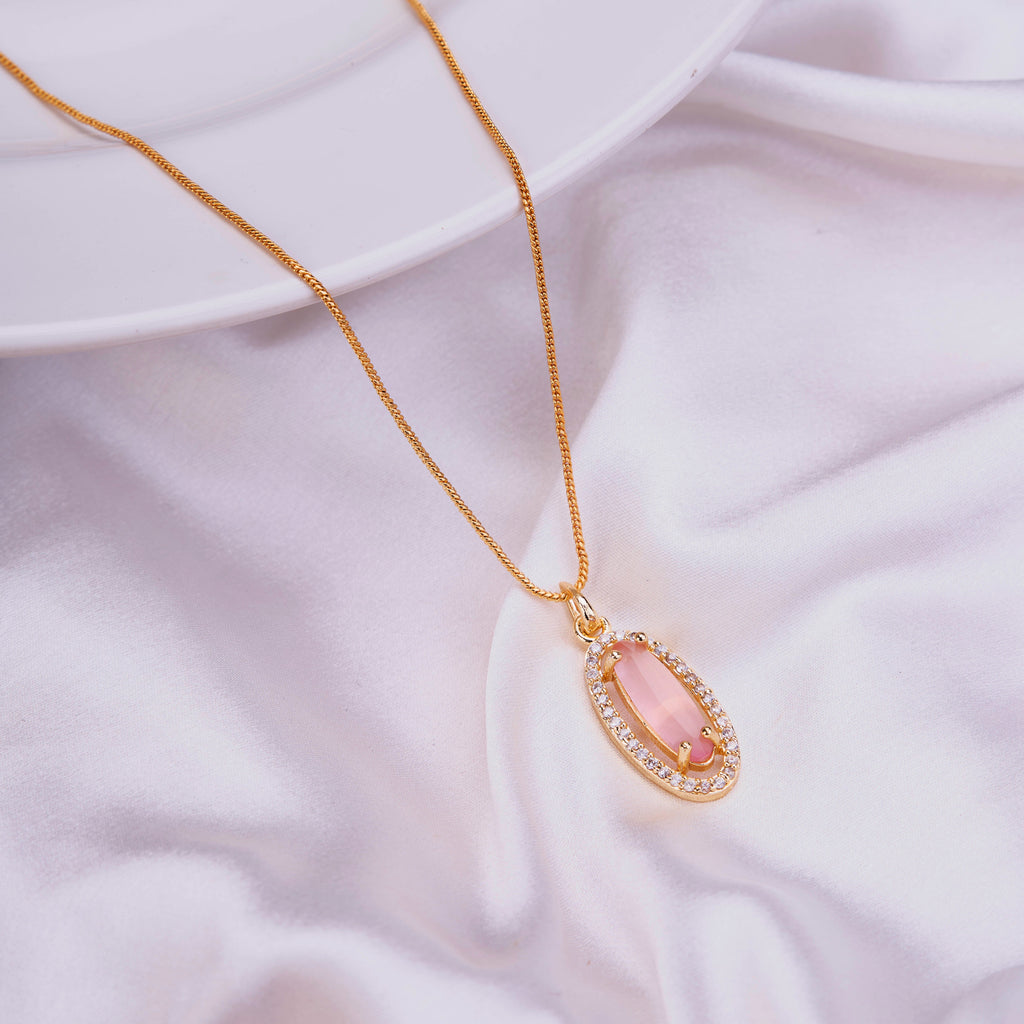 Elongated Oval Halo Design Gold Plated Pendant with chain-Mint Pink