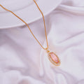 Elongated Oval Halo Design Gold Plated Pendant with chain-Mint Pink