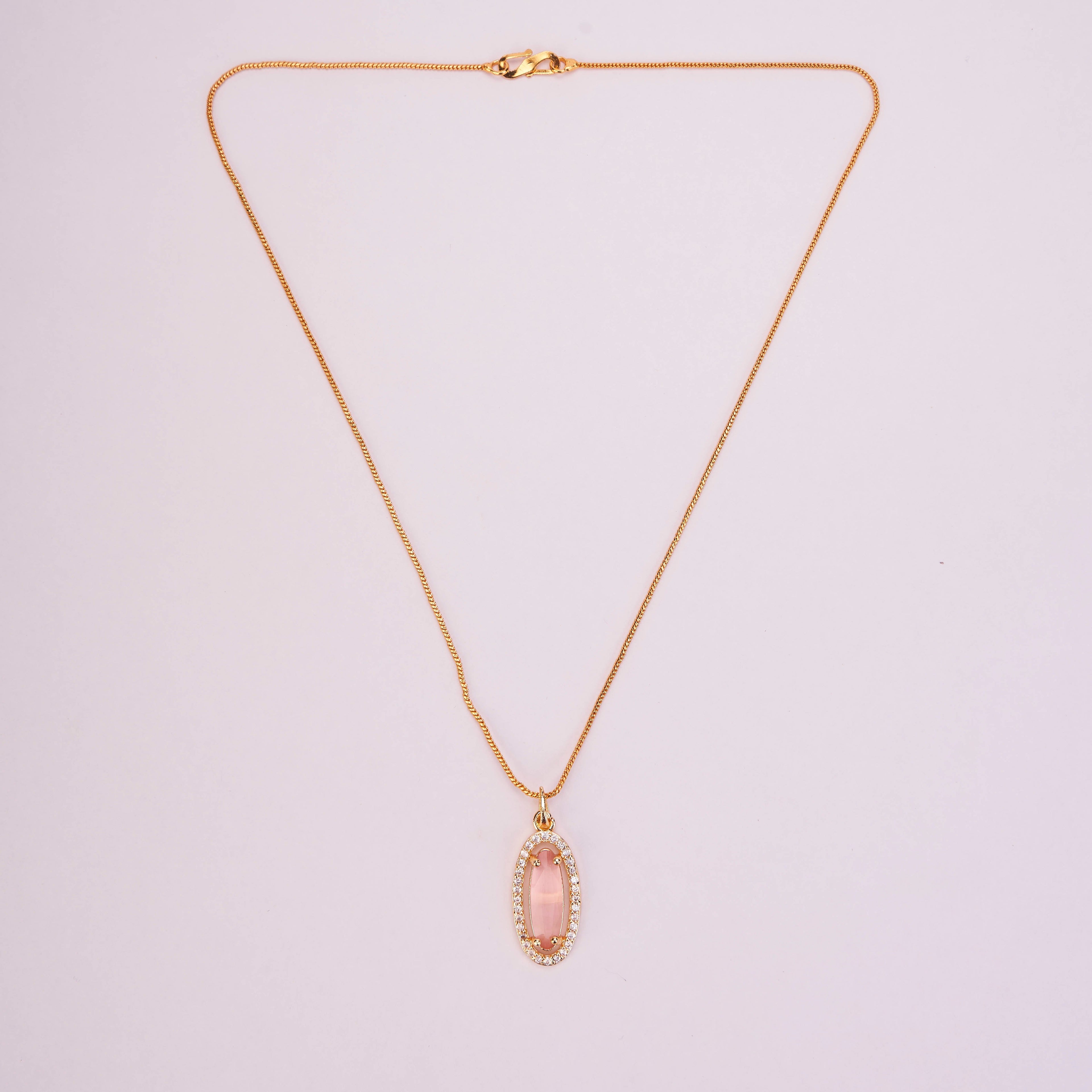 Elongated Oval Halo Design Gold Plated Pendant with chain-Mint Pink