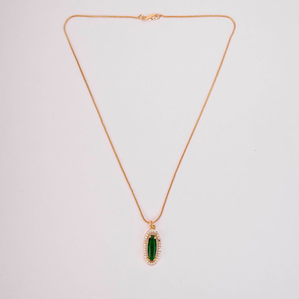 Elongated Oval Halo Design Gold Plated Pendant with chain-Crystal Green