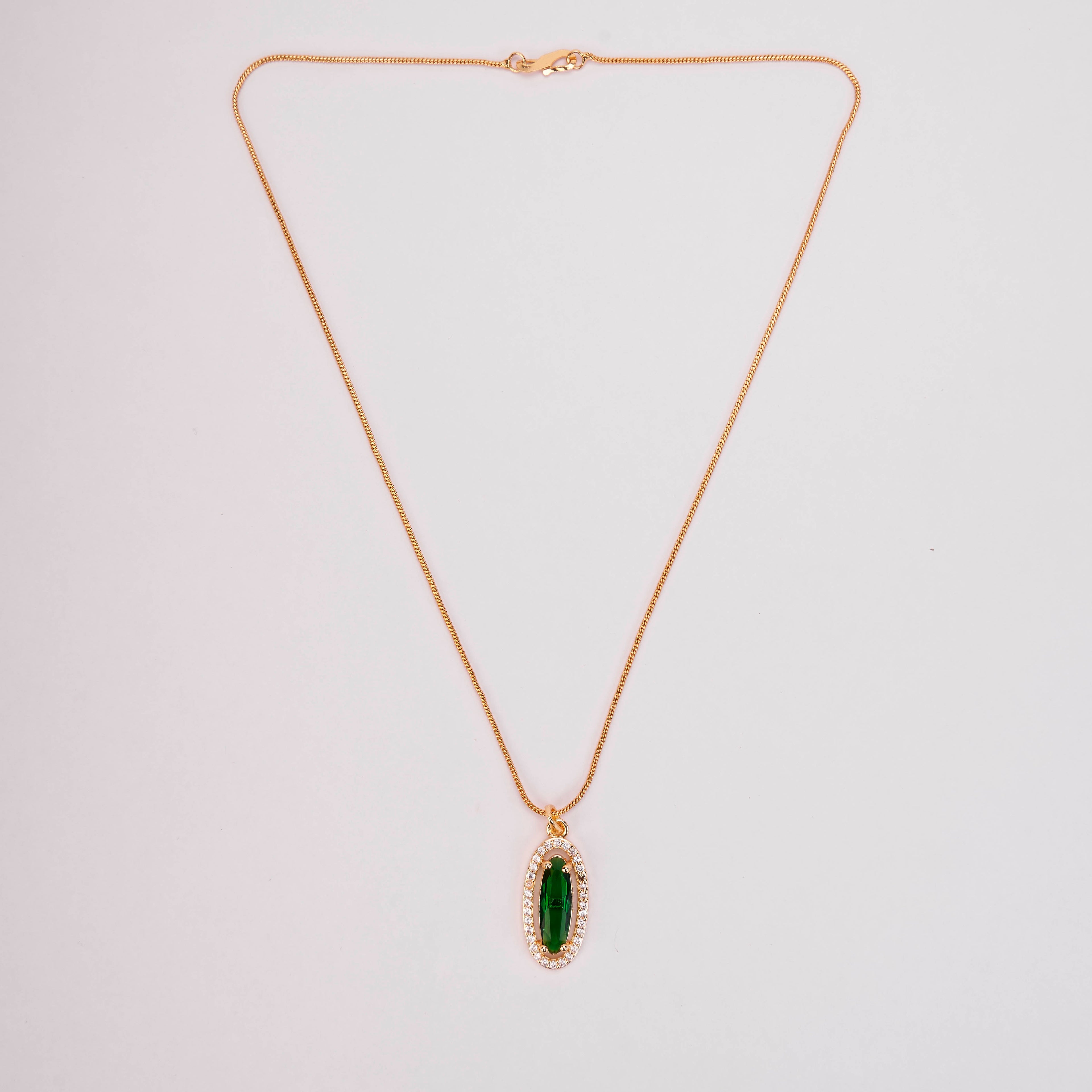 Elongated Oval Halo Design Gold Plated Pendant with chain-Crystal Green