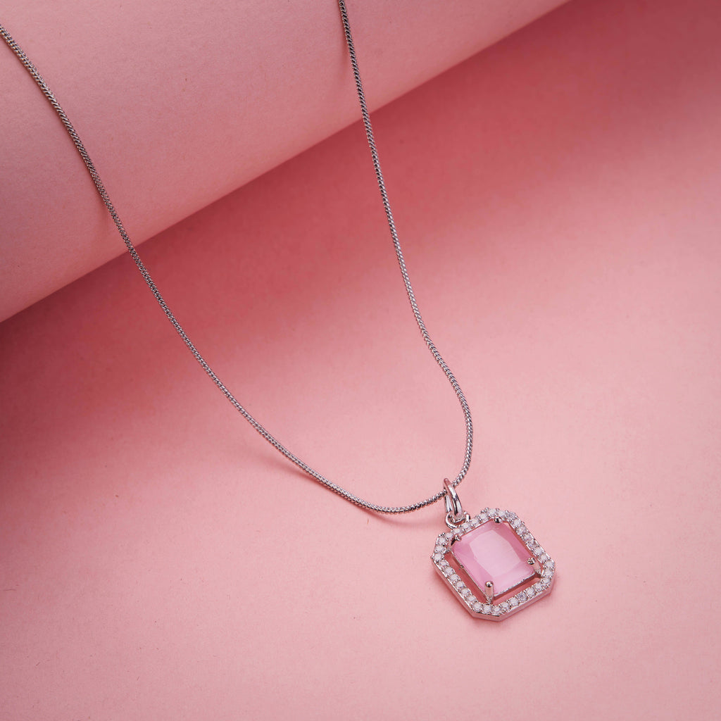 Rhodium Plated Octagon Stone Pendant with chain-Mint Pink
