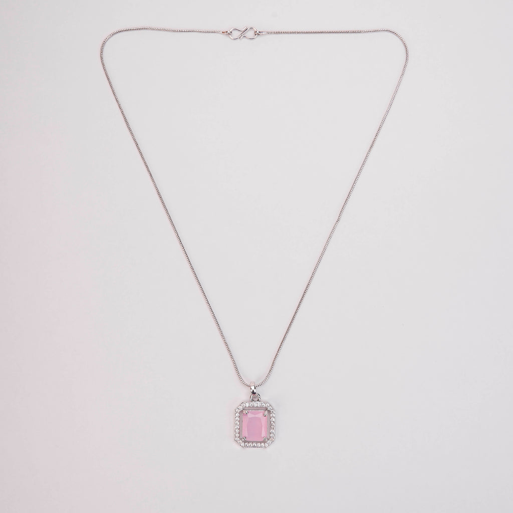 Rhodium Plated Octagon Stone Pendant with chain-Mint Pink