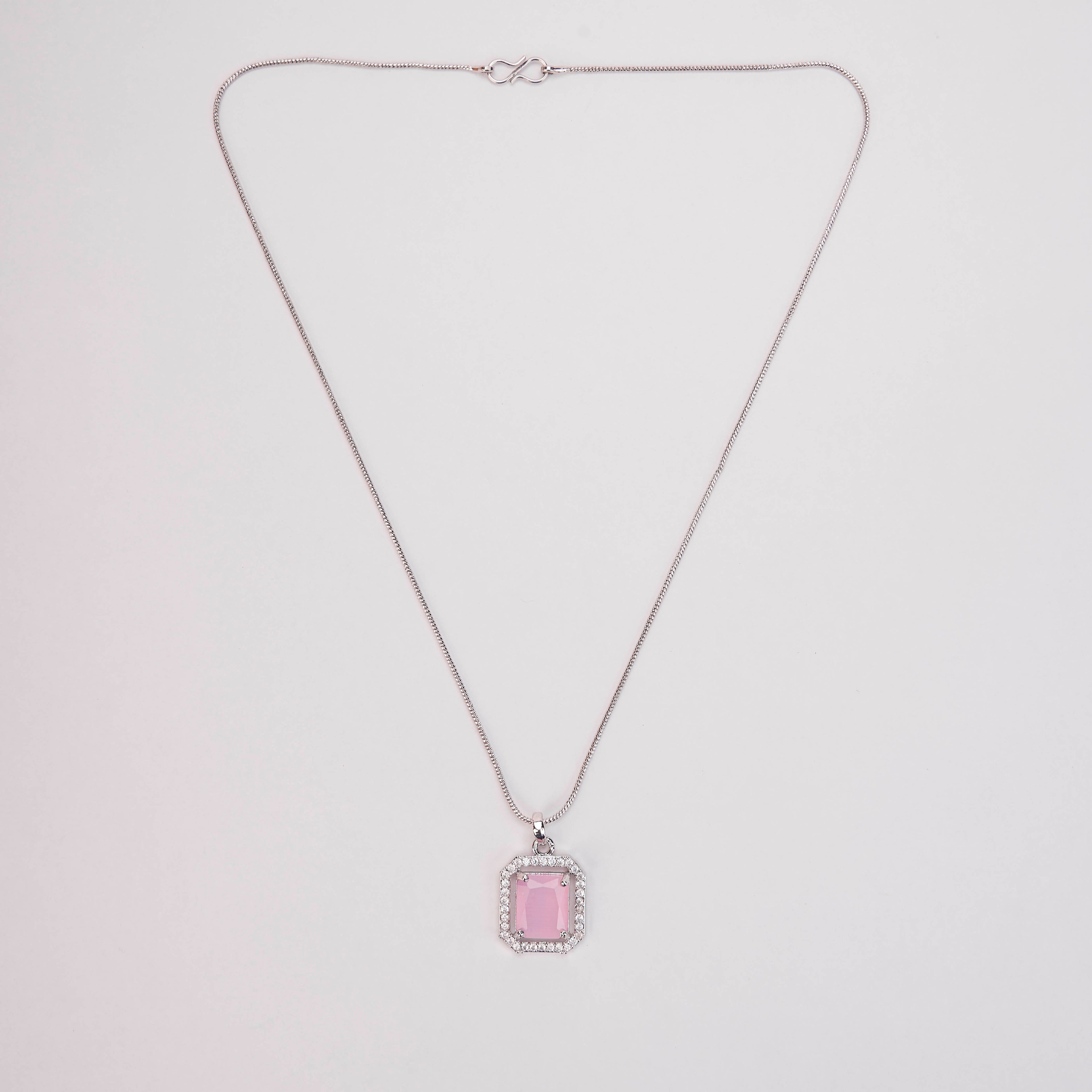 Rhodium Plated Octagon Stone Pendant with chain-Mint Pink