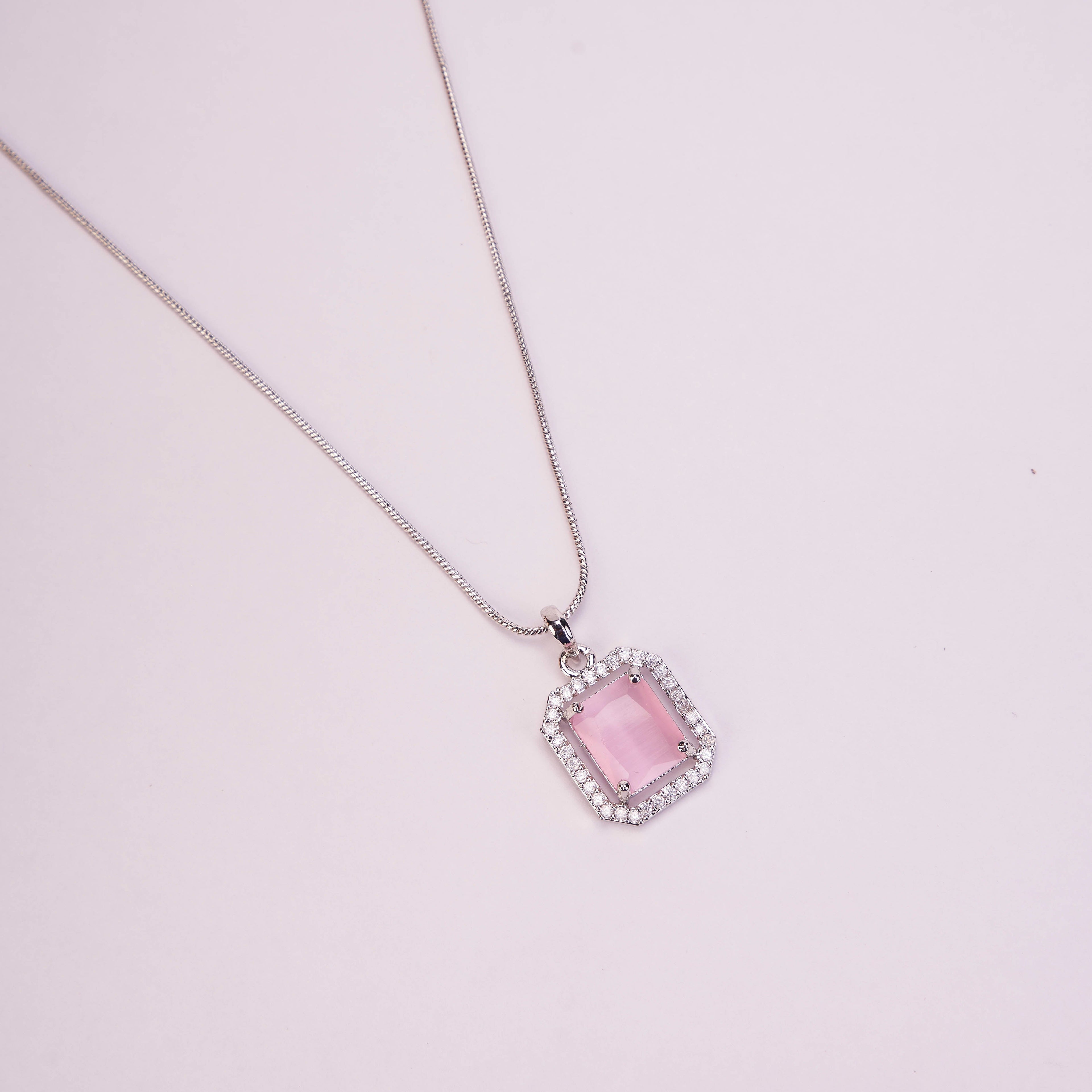 Rhodium Plated Octagon Stone Pendant with chain-Mint Pink