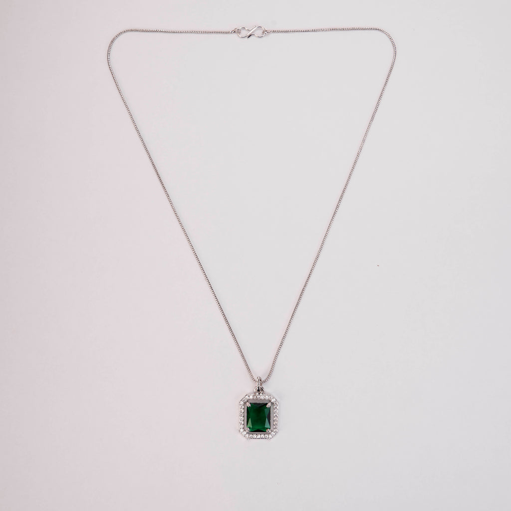 Rhodium Plated Octagon Stone Pendant with chain-Crystal Green