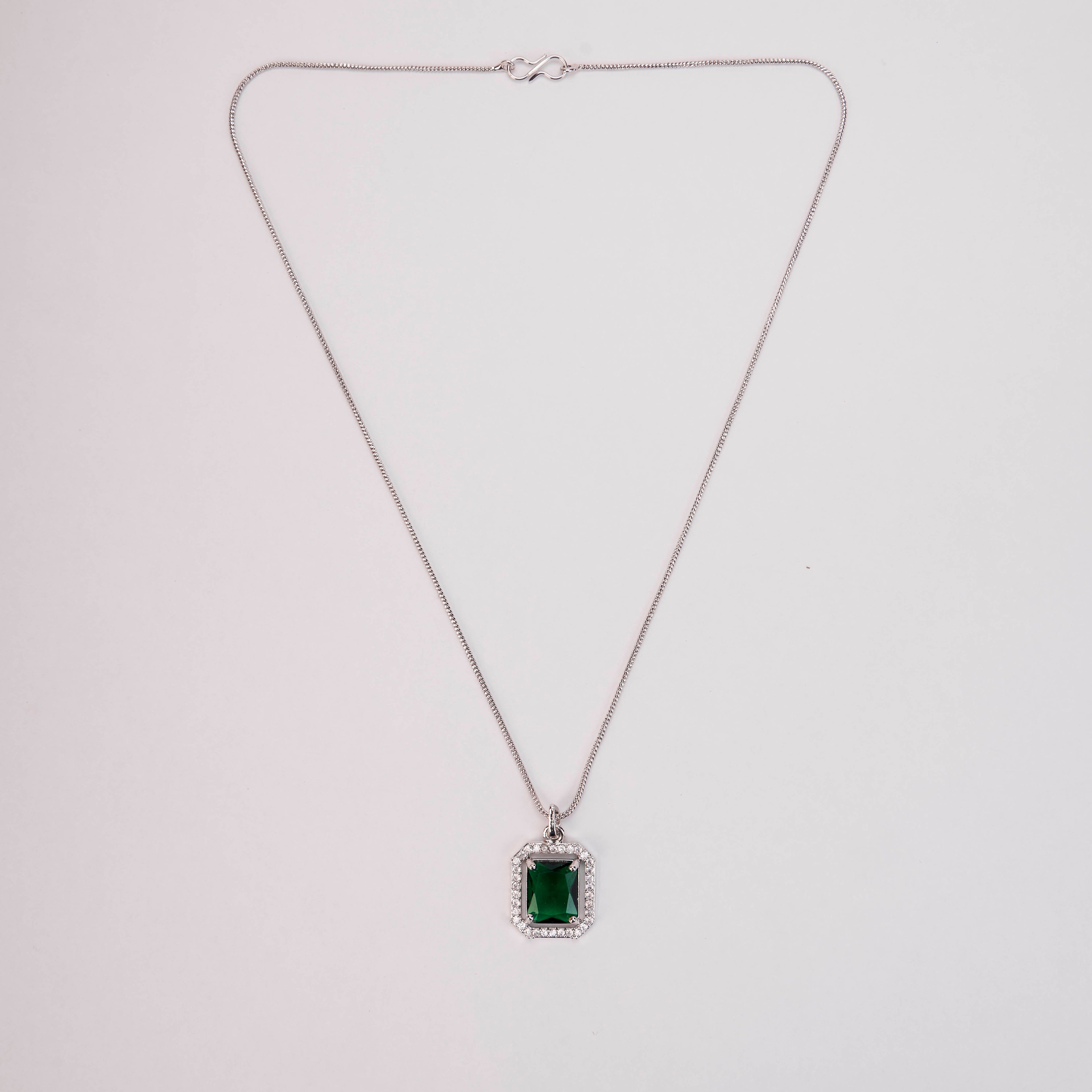Rhodium Plated Octagon Stone Pendant with chain-Crystal Green