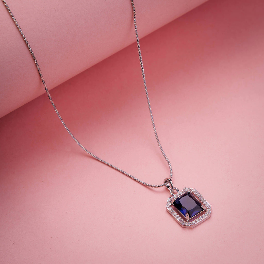 Rhodium Plated Octagon Stone Pendant with chain-Crystal Blue