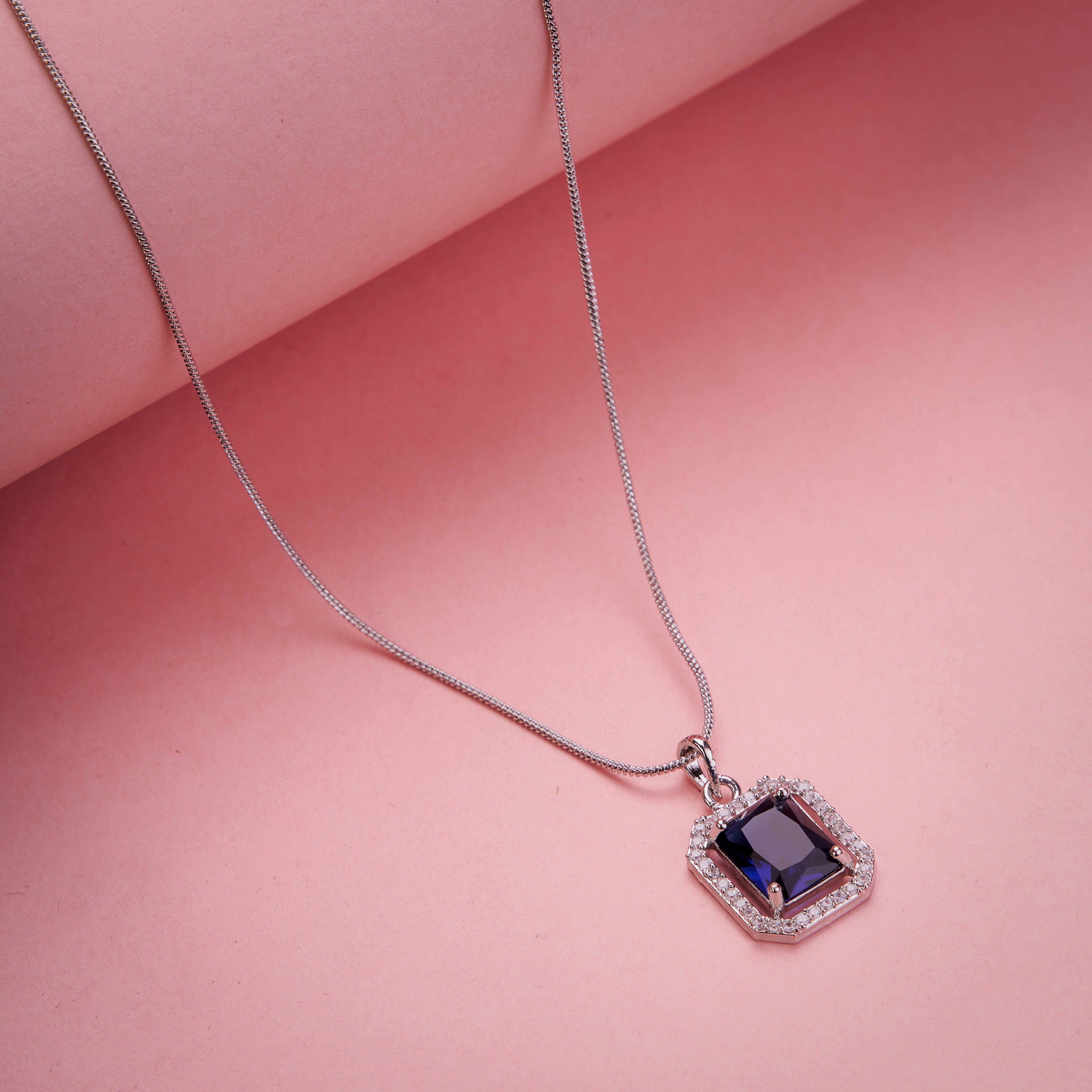 Rhodium Plated Octagon Stone Pendant with chain-Crystal Blue