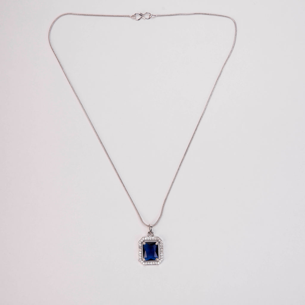 Rhodium Plated Octagon Stone Pendant with chain-Crystal Blue