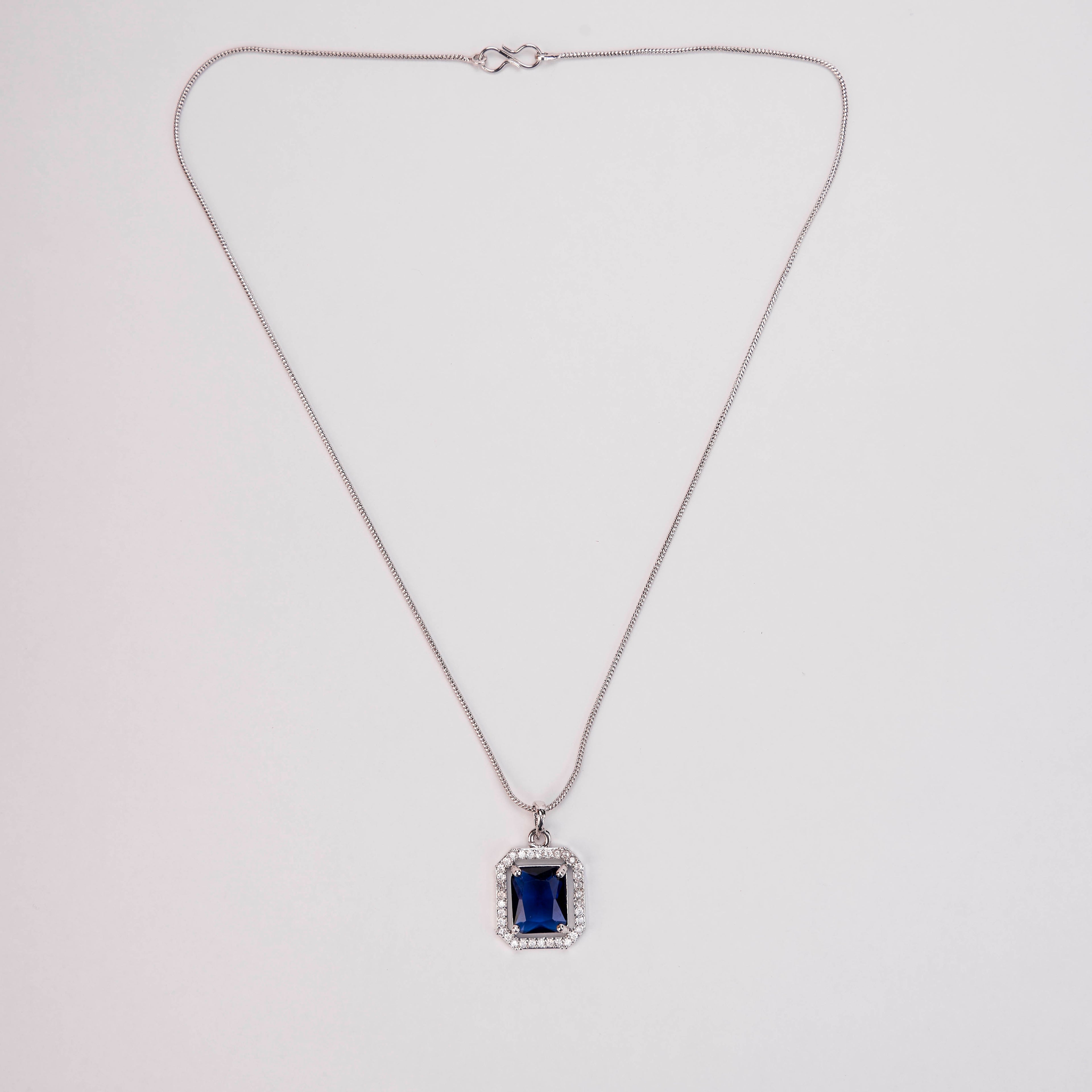 Rhodium Plated Octagon Stone Pendant with chain-Crystal Blue