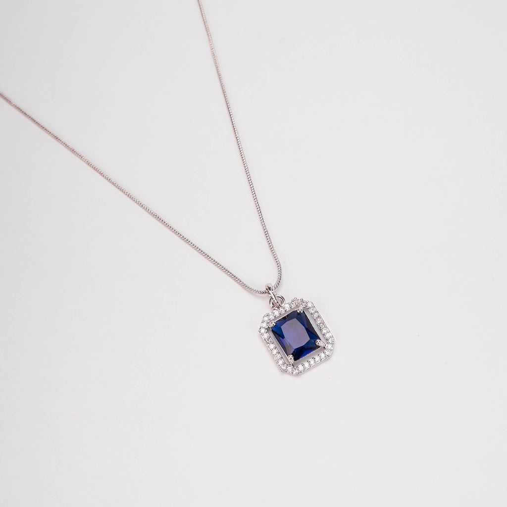 Rhodium Plated Octagon Stone Pendant with chain-Crystal Blue