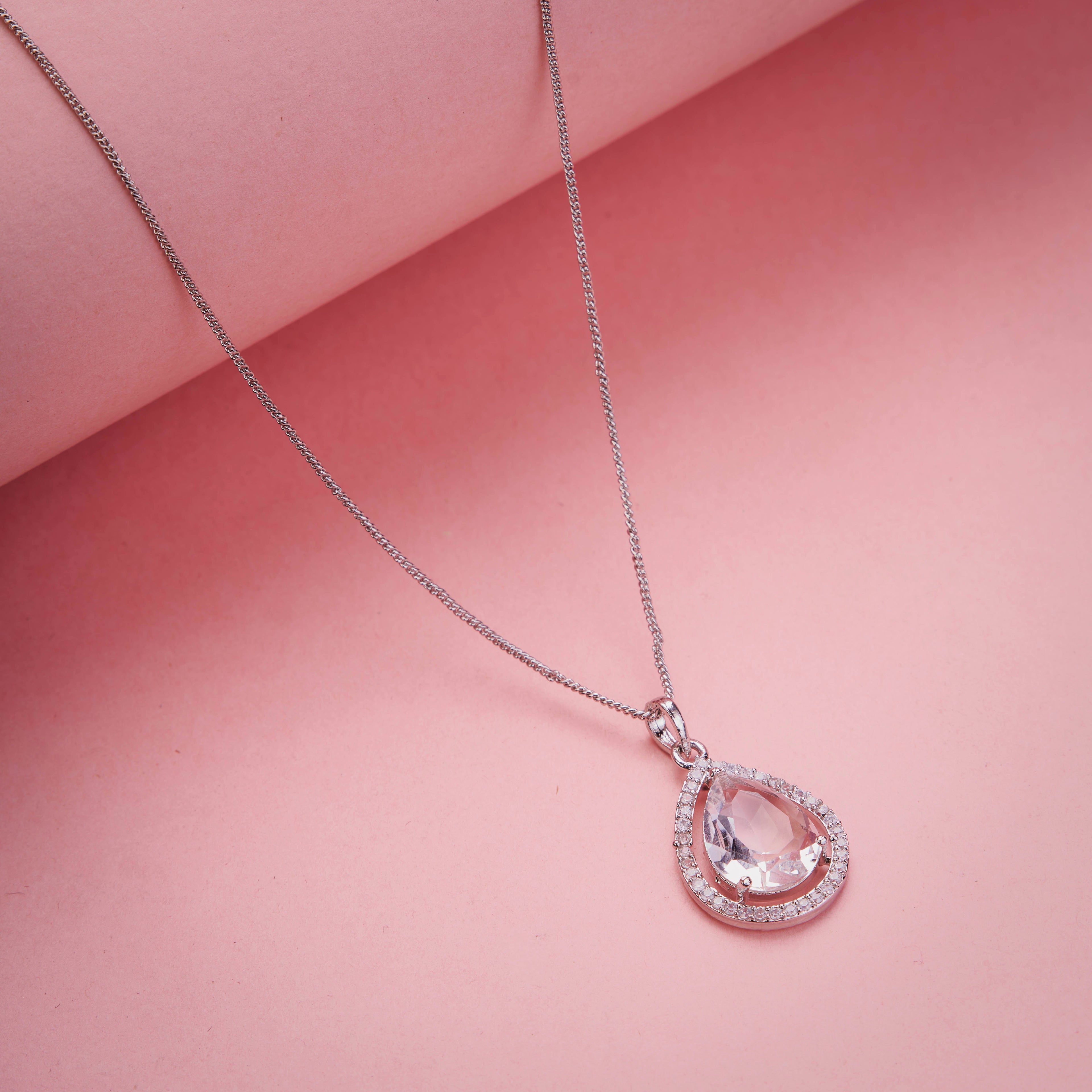 Oval Shape Rhodium Plated Pendant with chain