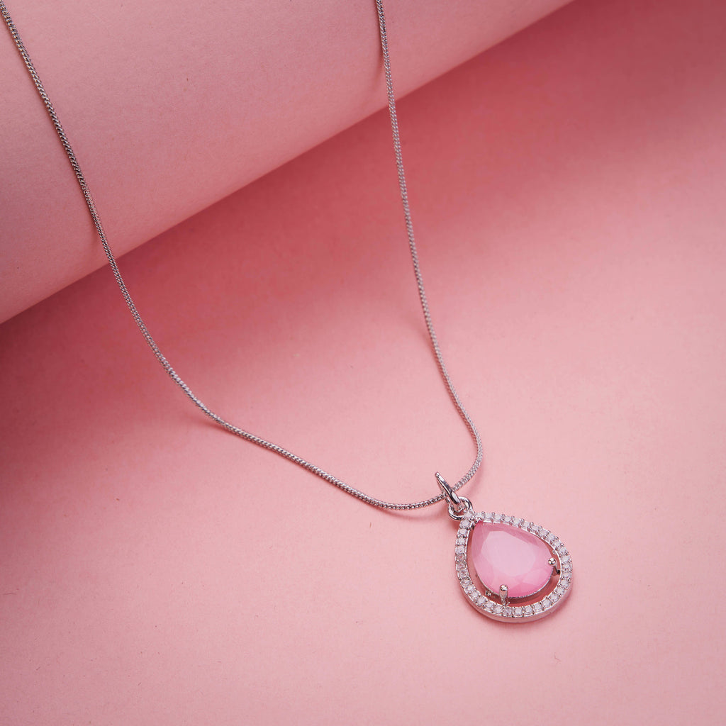 Oval Shape Rhodium Plated Pendant with chain-Mint Pink
