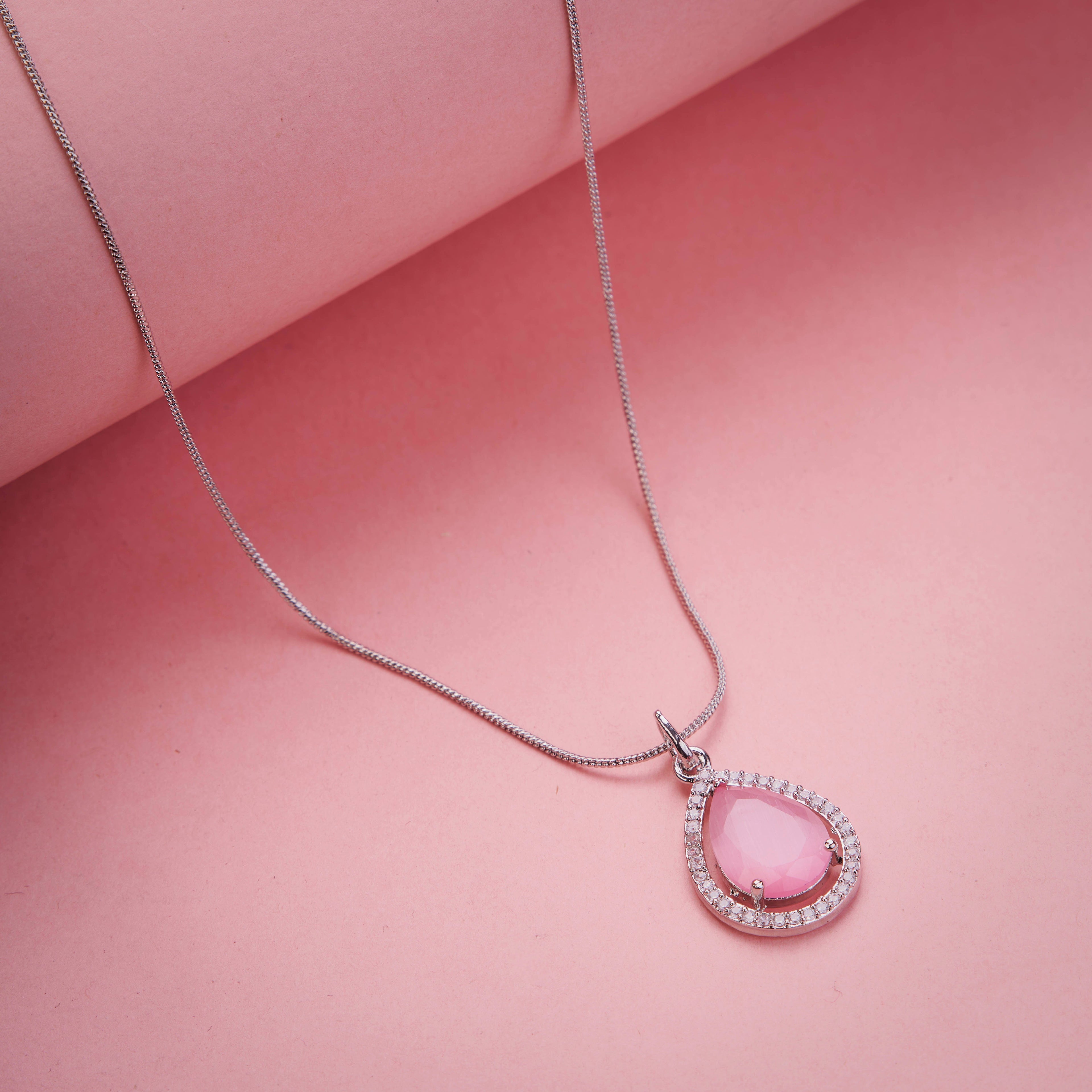 Oval Shape Rhodium Plated Pendant with chain-Mint Pink