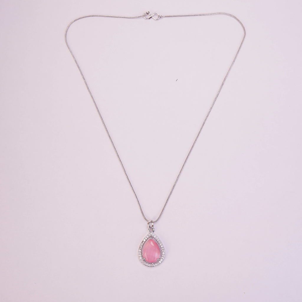 Oval Shape Rhodium Plated Pendant with chain-Mint Pink
