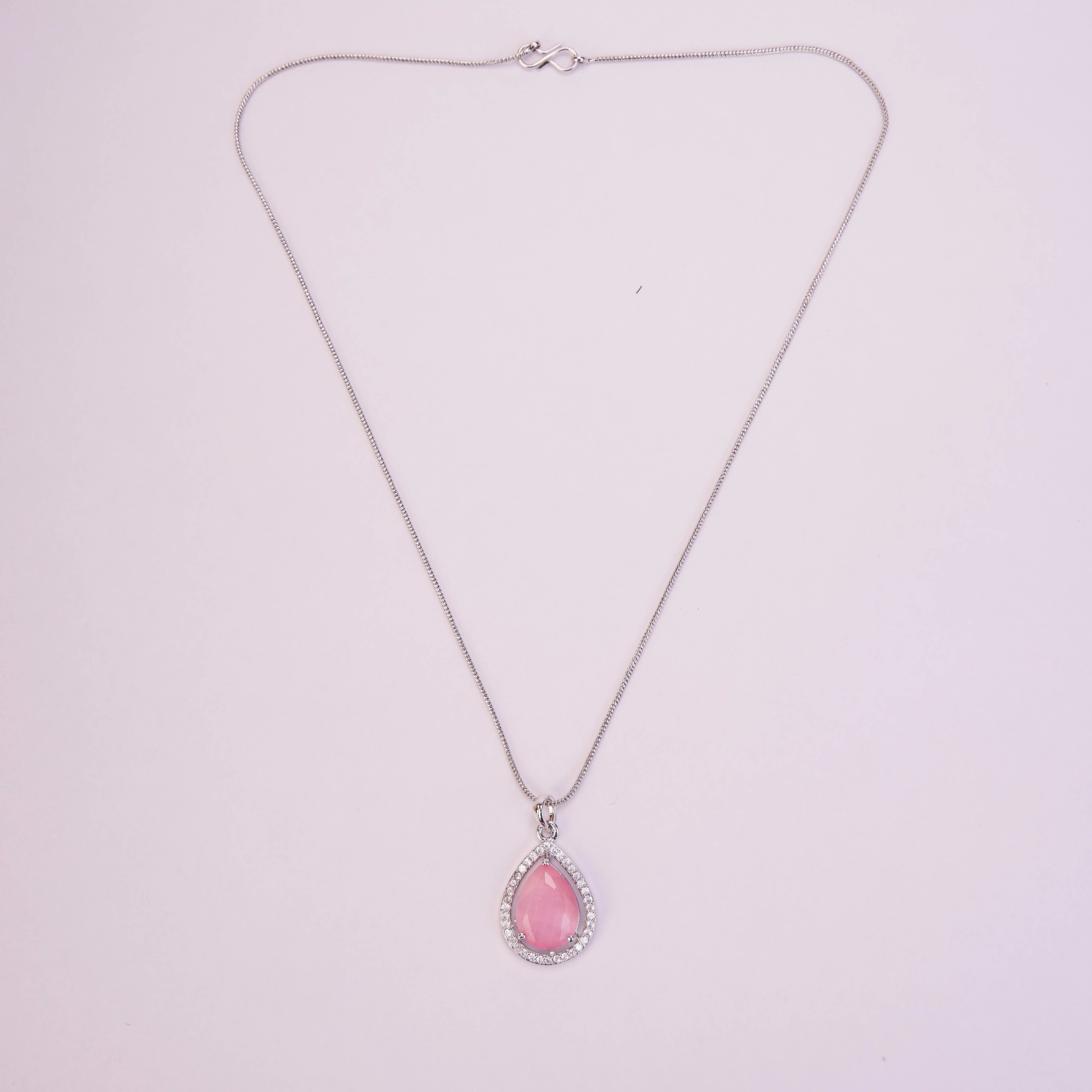 Oval Shape Rhodium Plated Pendant with chain-Mint Pink