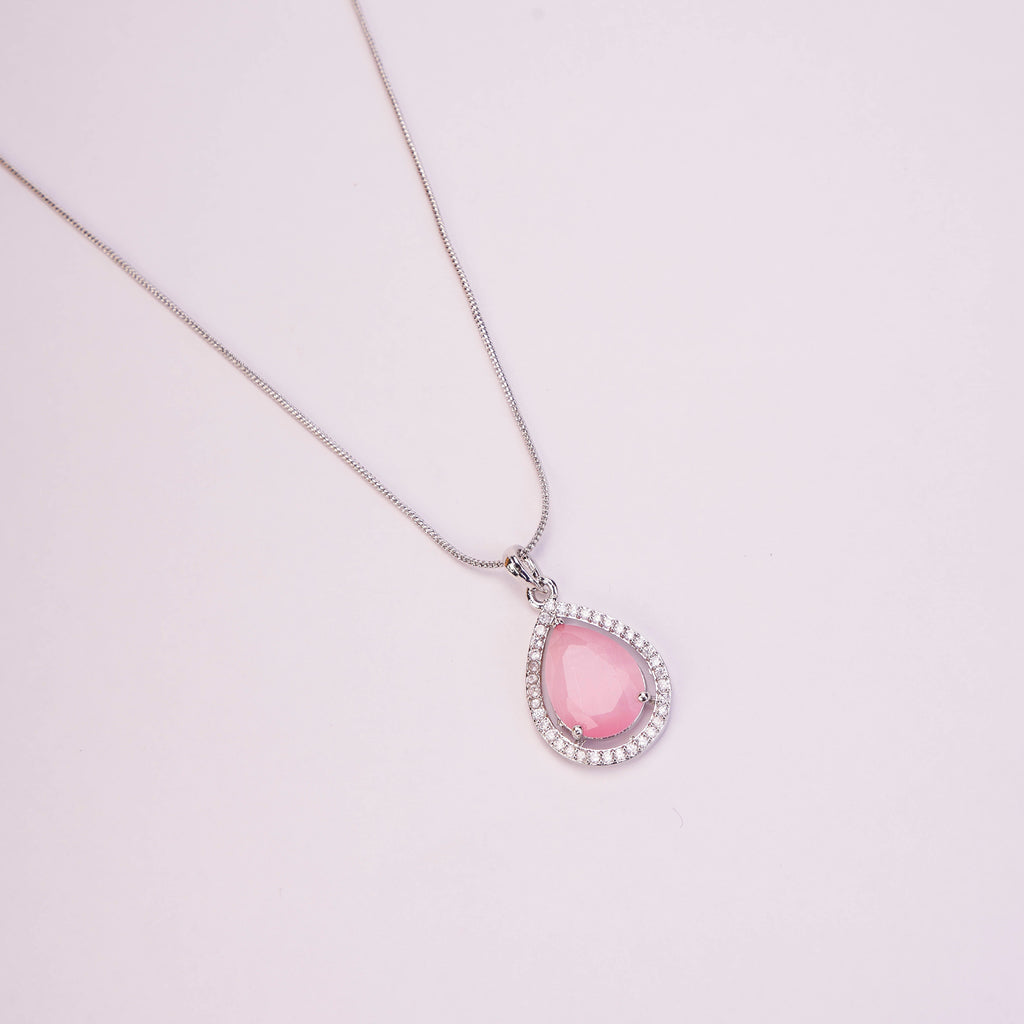 Oval Shape Rhodium Plated Pendant with chain-Mint Pink