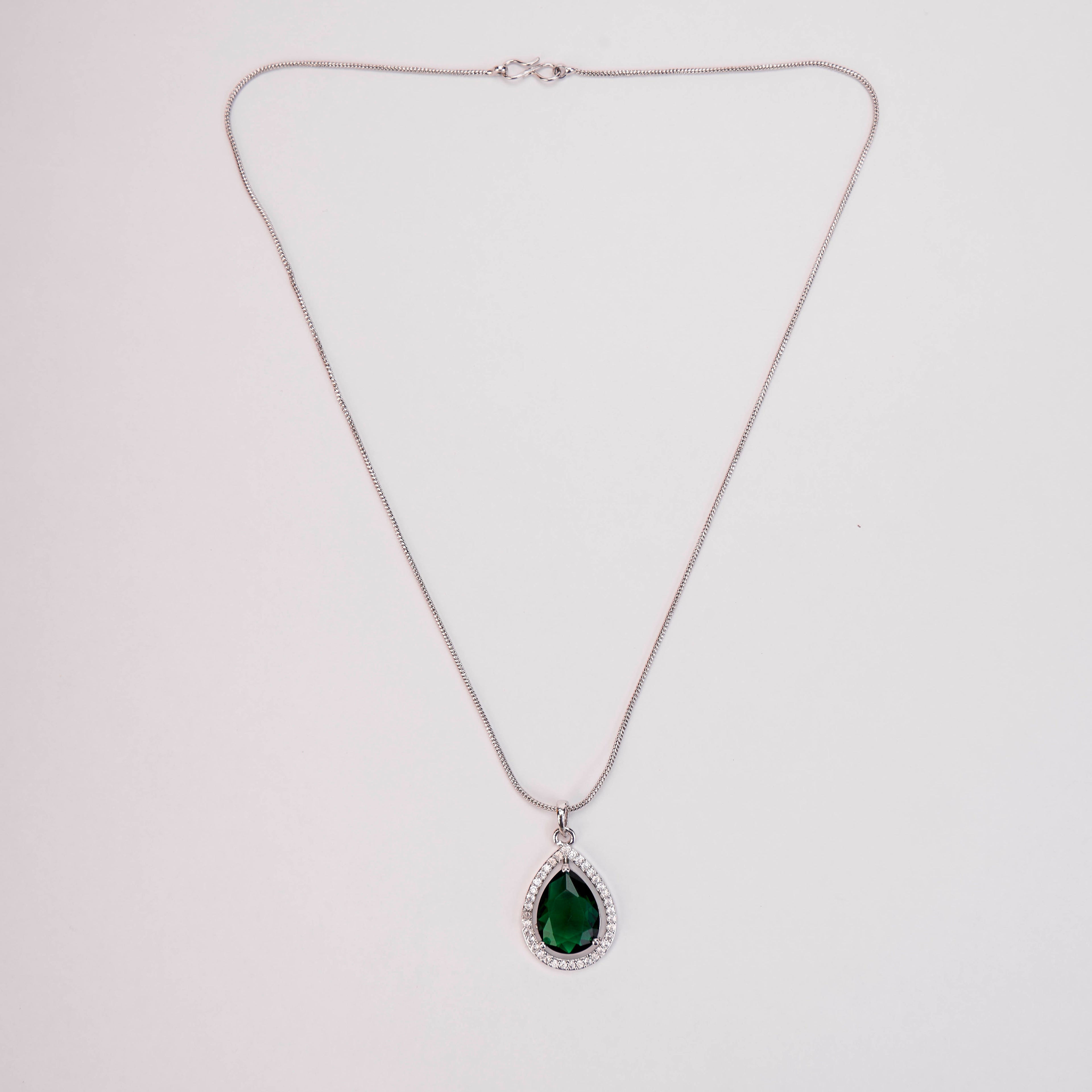 Oval Shape Rhodium Plated Pendant with chain-Crystal Green