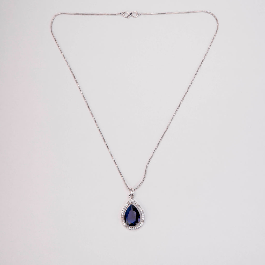 Oval Shape Rhodium Plated Pendant with chain-Crystal Blue