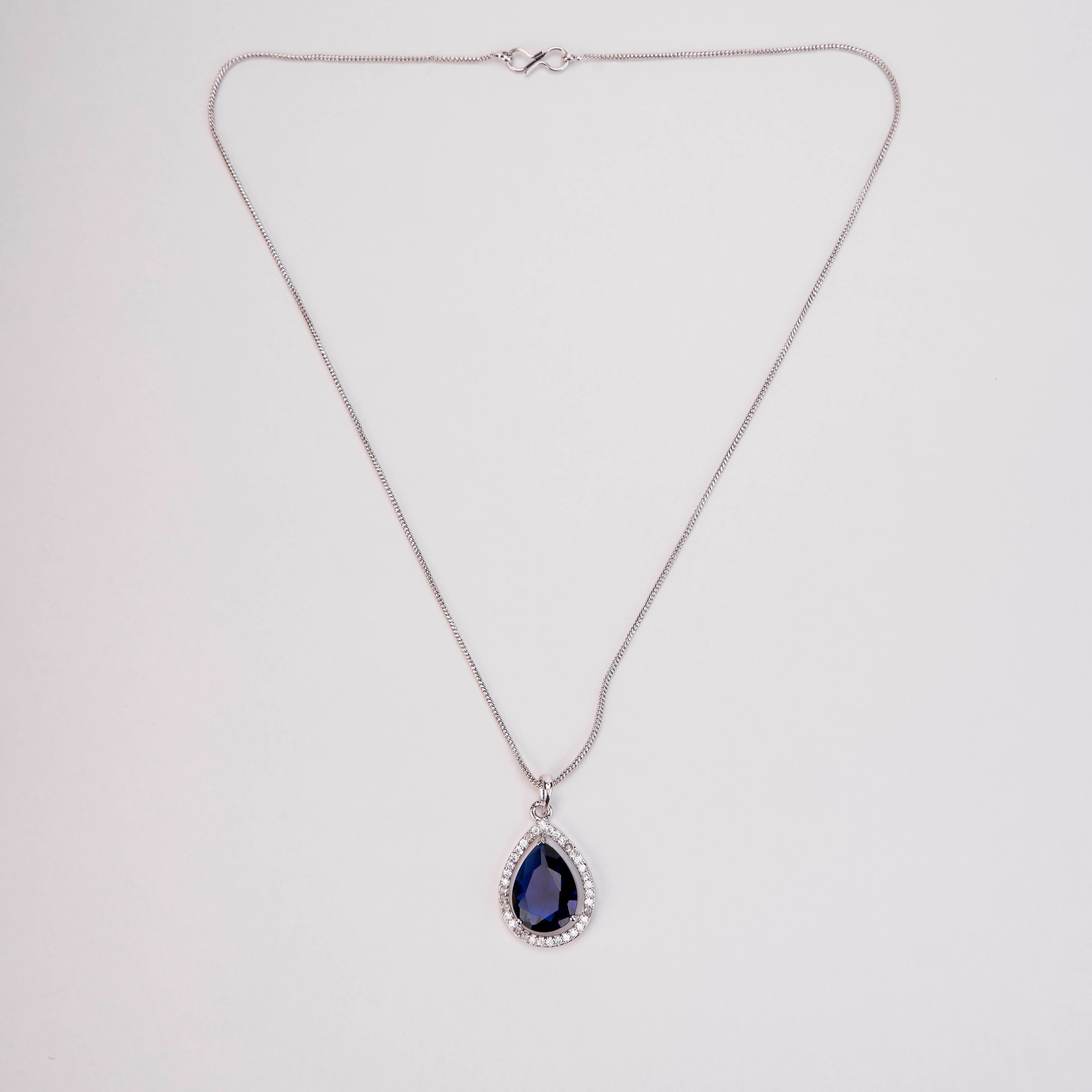 Oval Shape Rhodium Plated Pendant with chain-Crystal Blue