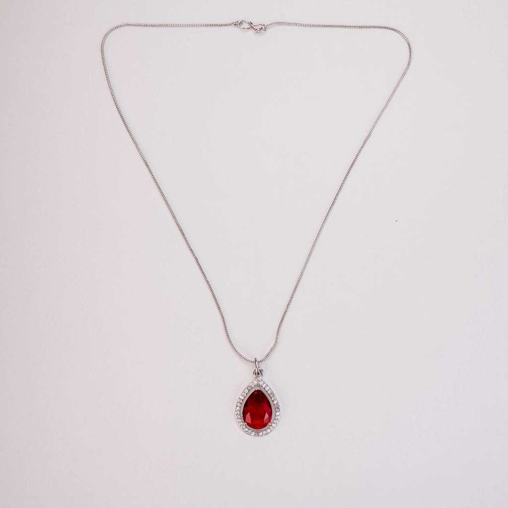 Oval Shape Rhodium Plated Pendant with chain-Crystal Red
