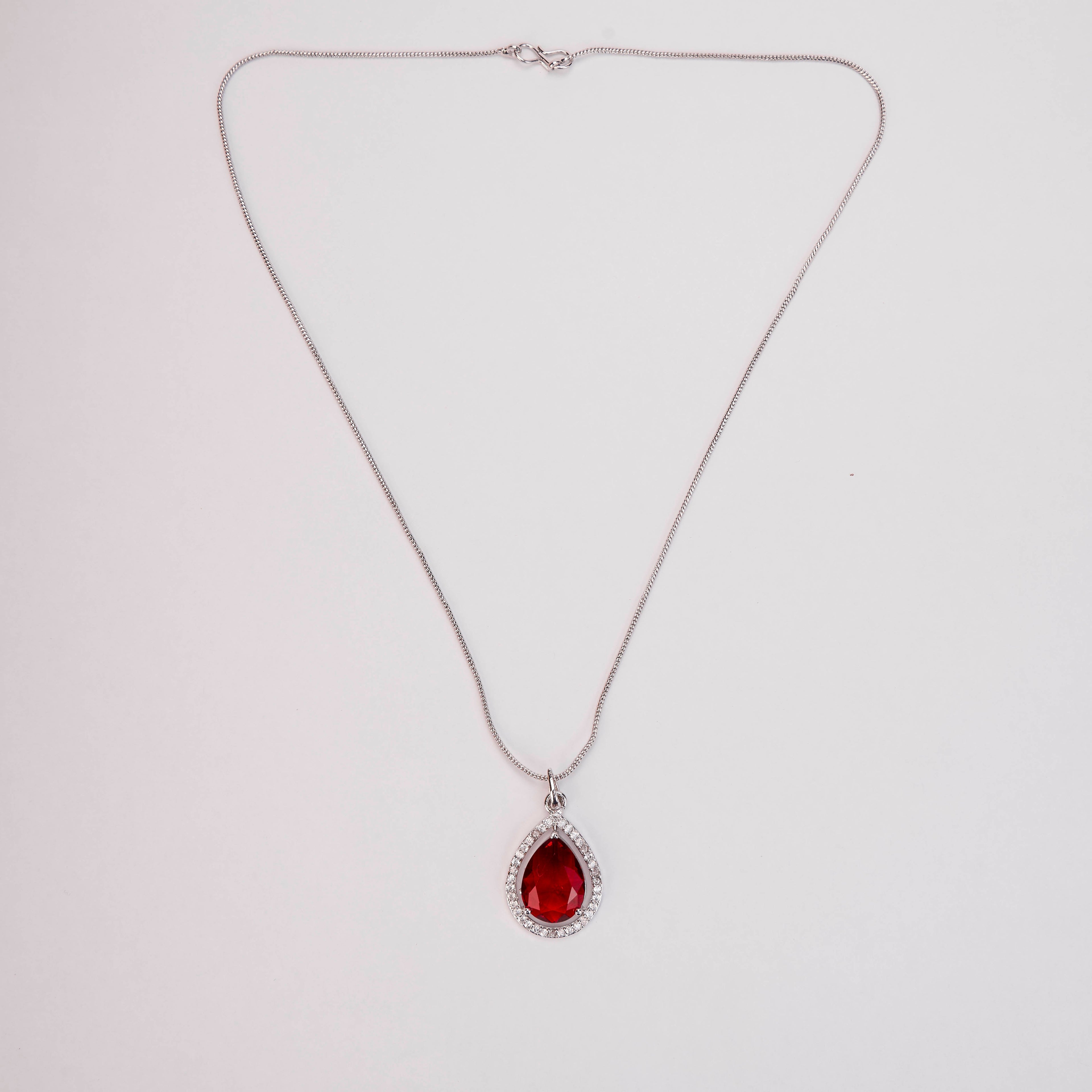 Oval Shape Rhodium Plated Pendant with chain-Crystal Red