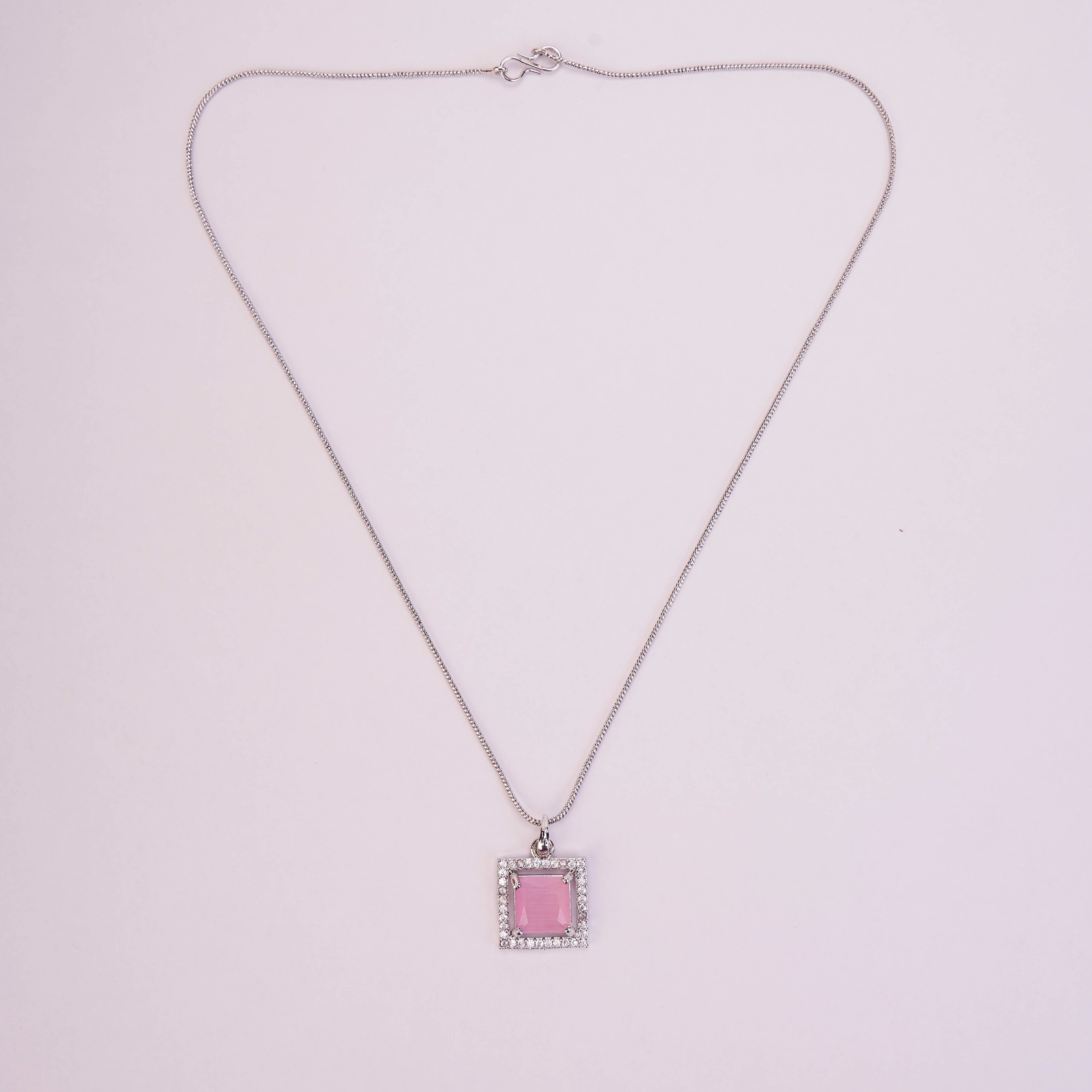 Square Halo Design Rhodium Plated Pendant with chain-Mint Pink