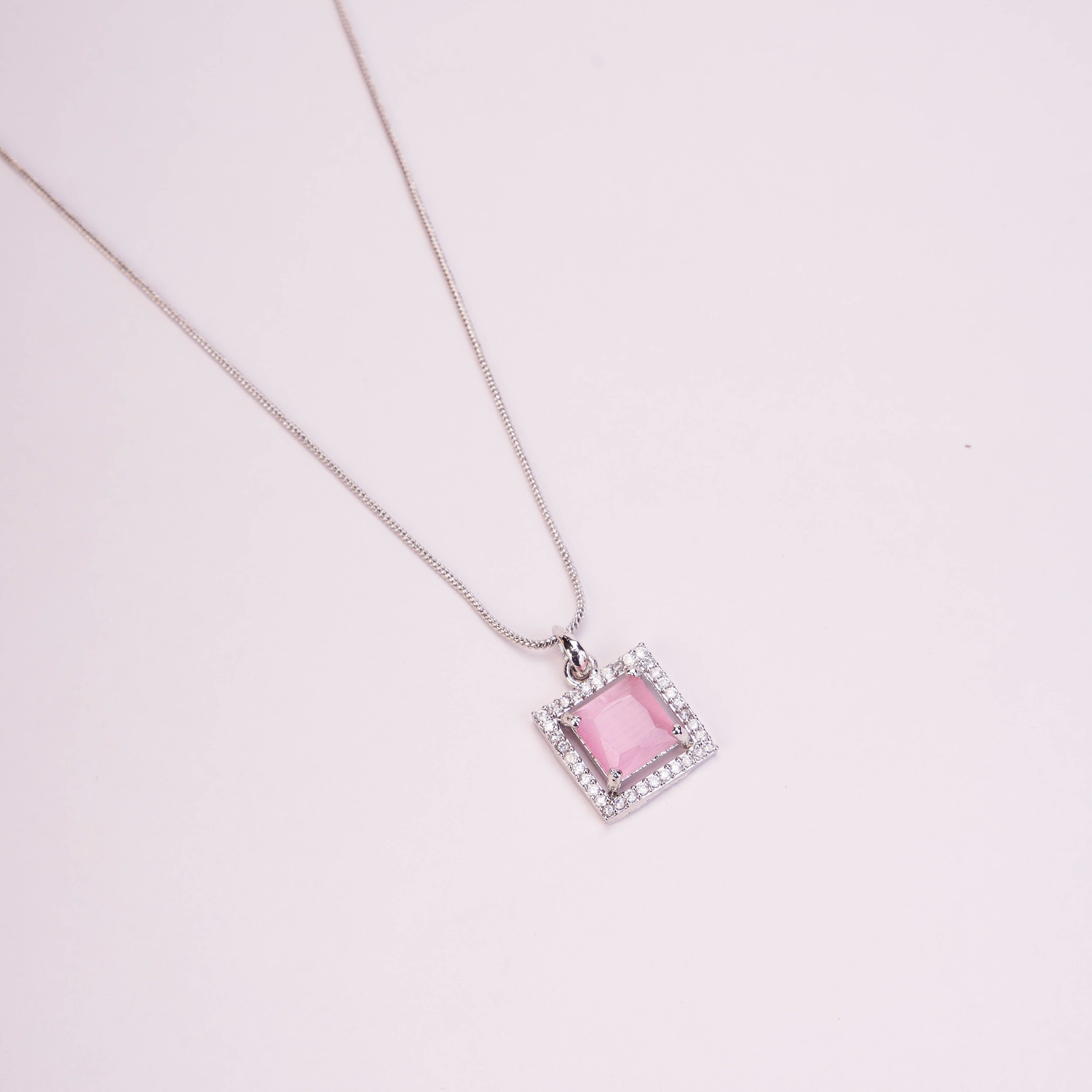 Square Halo Design Rhodium Plated Pendant with chain-Mint Pink