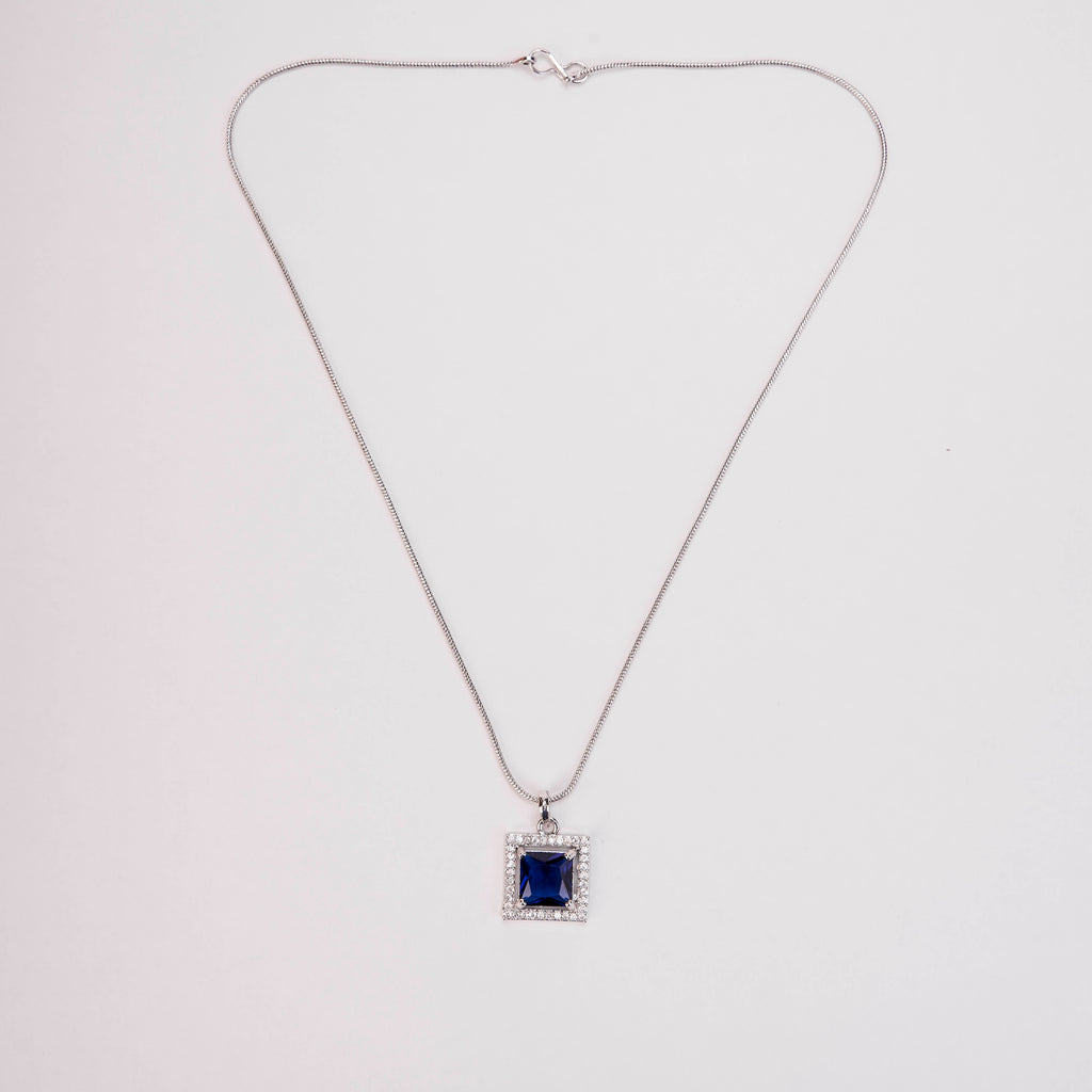 Square Halo Design Rhodium Plated Pendant with chain-Crystal Blue