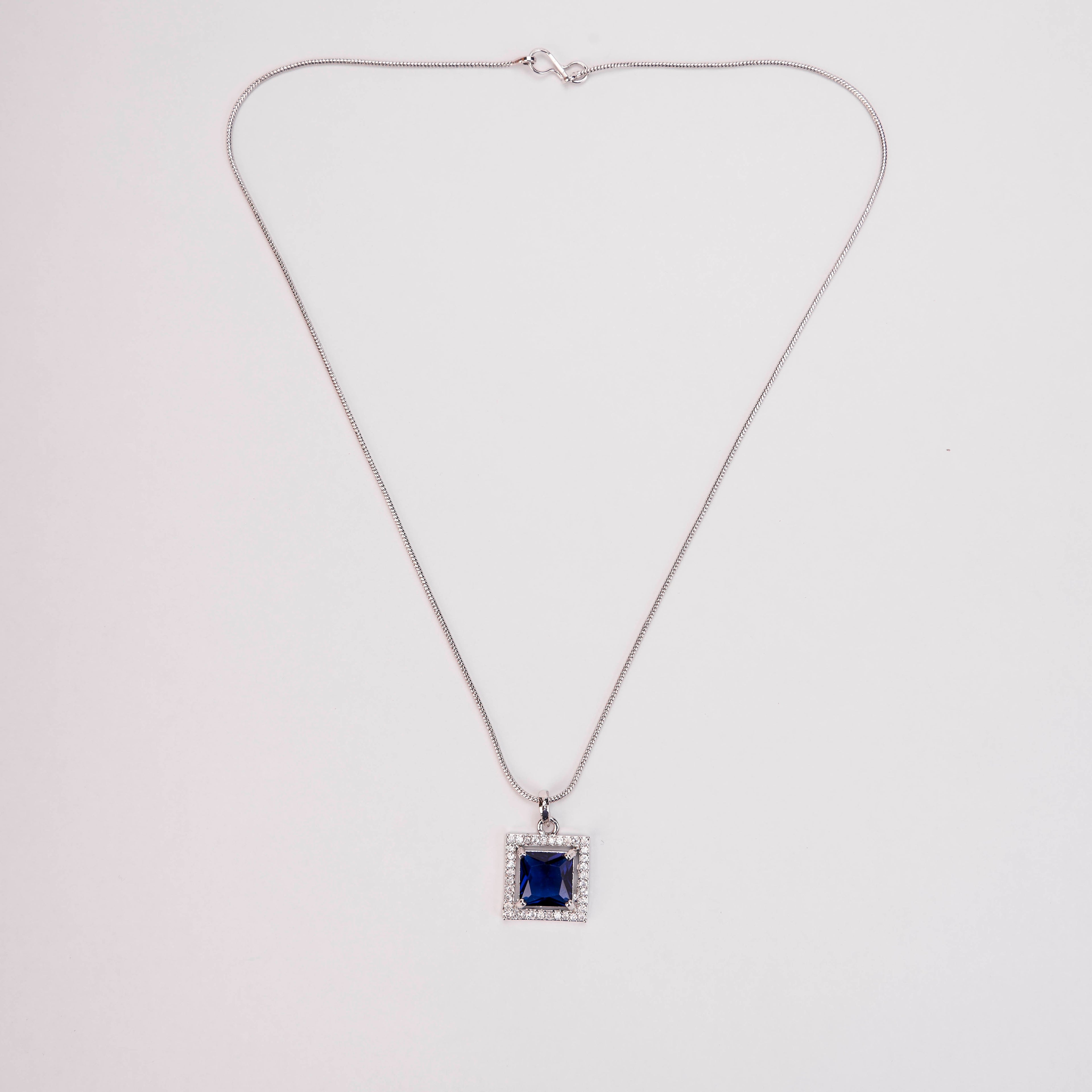 Square Halo Design Rhodium Plated Pendant with chain-Crystal Blue