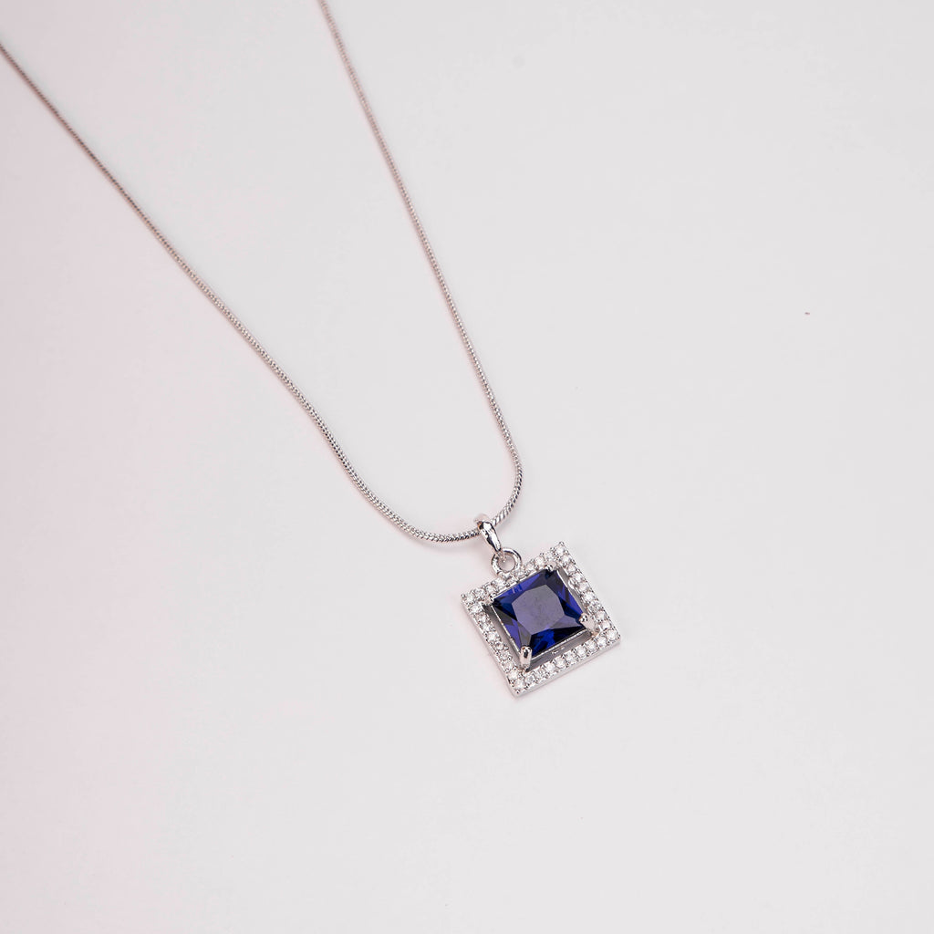 Square Halo Design Rhodium Plated Pendant with chain-Crystal Blue