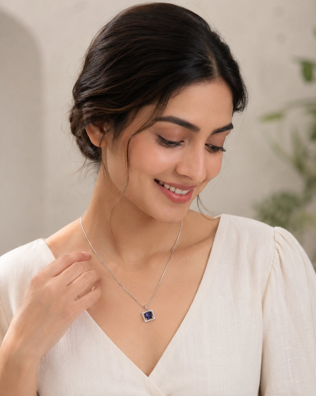 Square Halo Design Rhodium Plated Pendant with chain-Crystal Blue