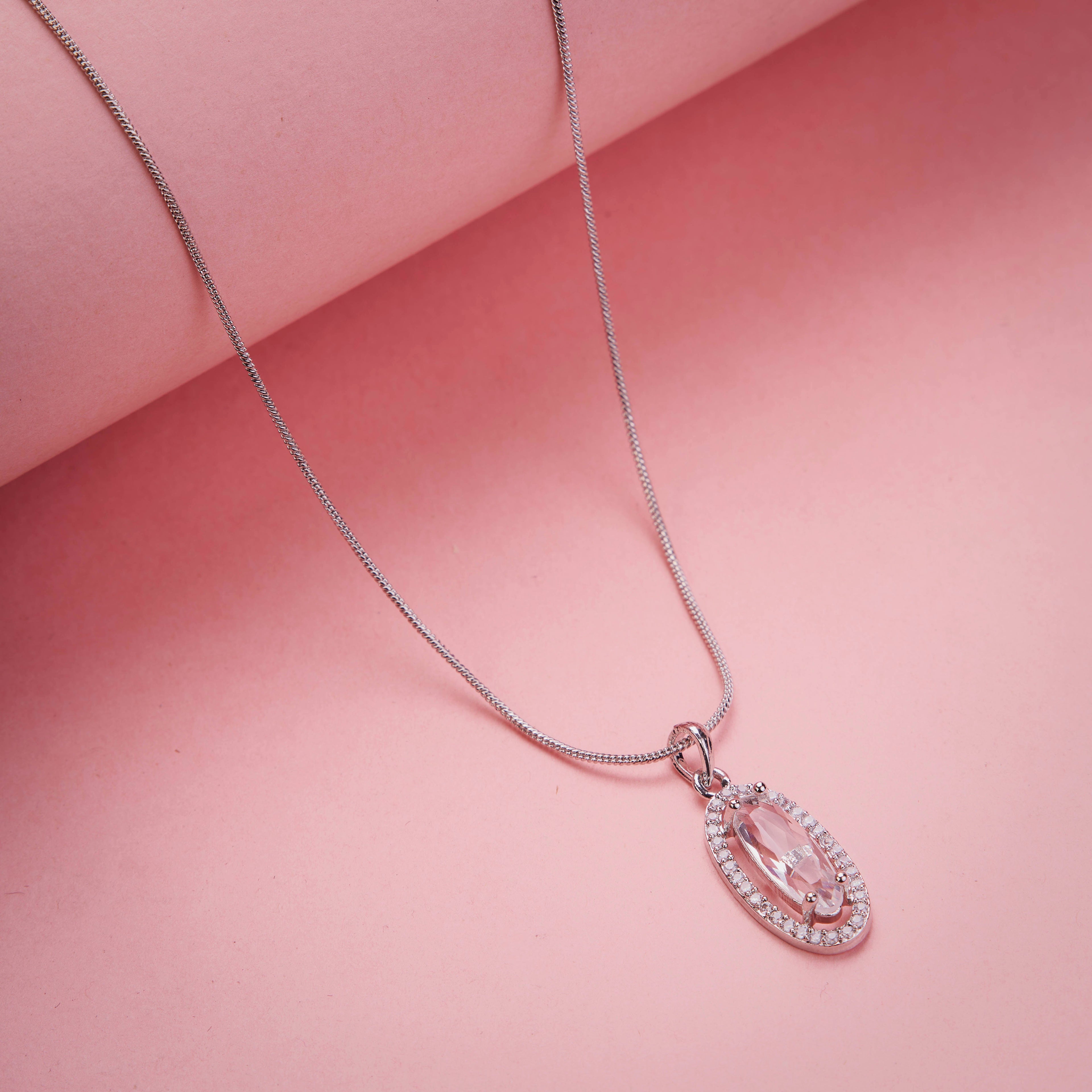 Elongated Oval Halo Design Rhodium Plated Pendant with chain