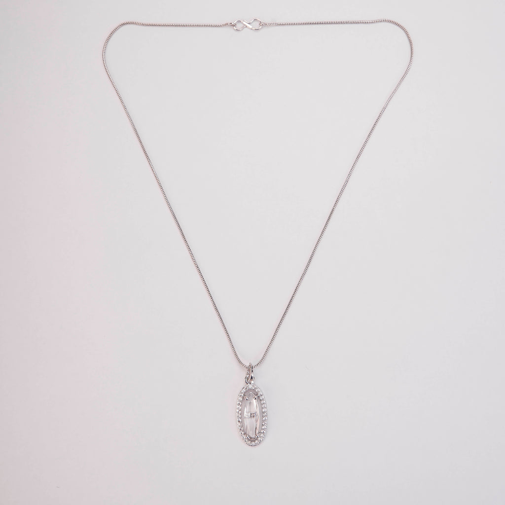 Elongated Oval Halo Design Rhodium Plated Pendant with chain